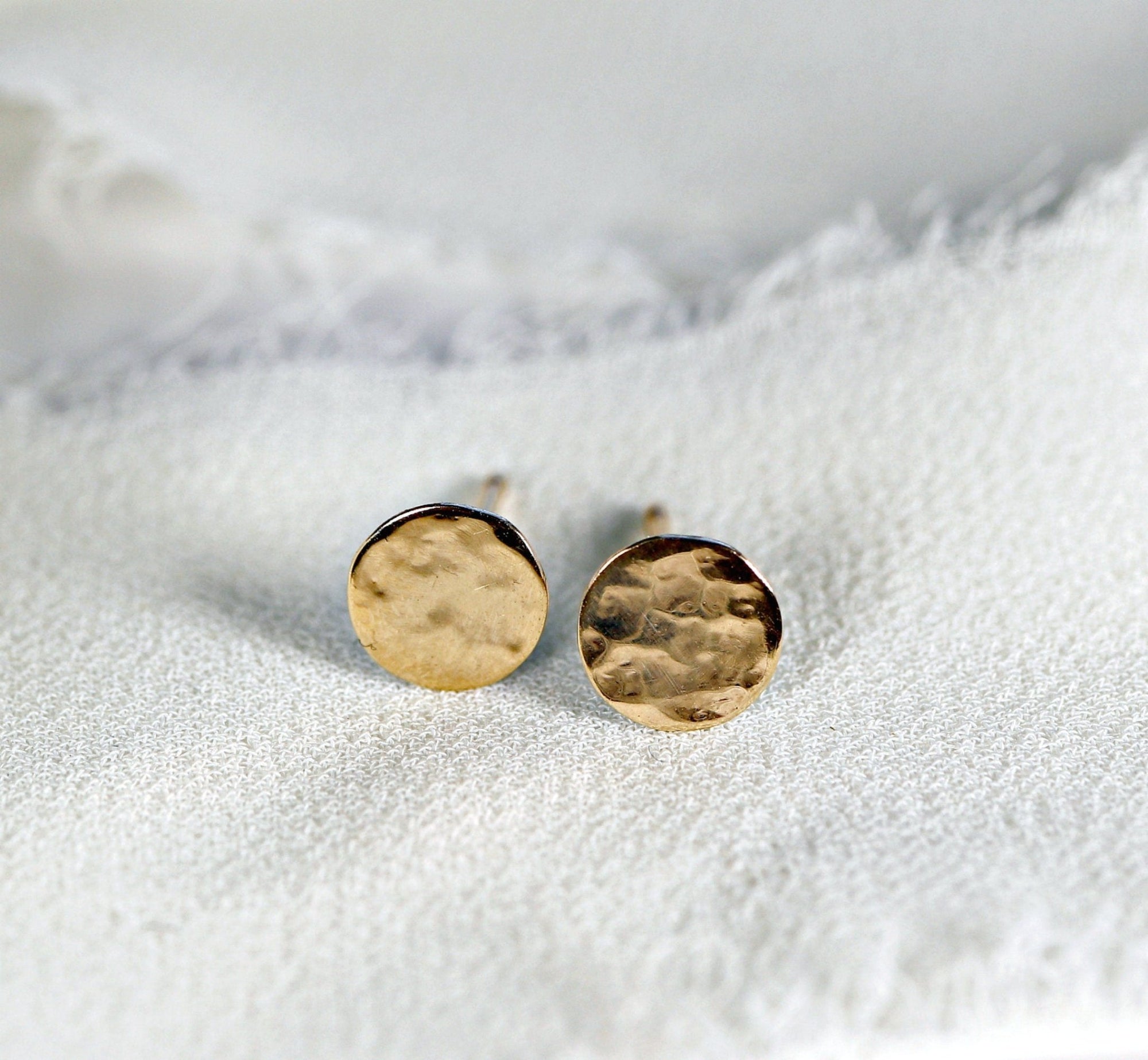 Hammered Gold Stud Earrings, 14k Solid Gold Disc Earrings - Melt'm Jewelry
