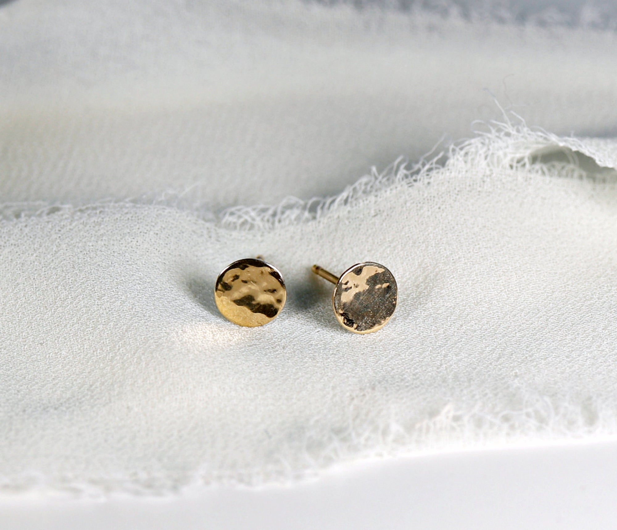 Hammered Gold Stud Earrings, 14k Solid Gold Disc Earrings