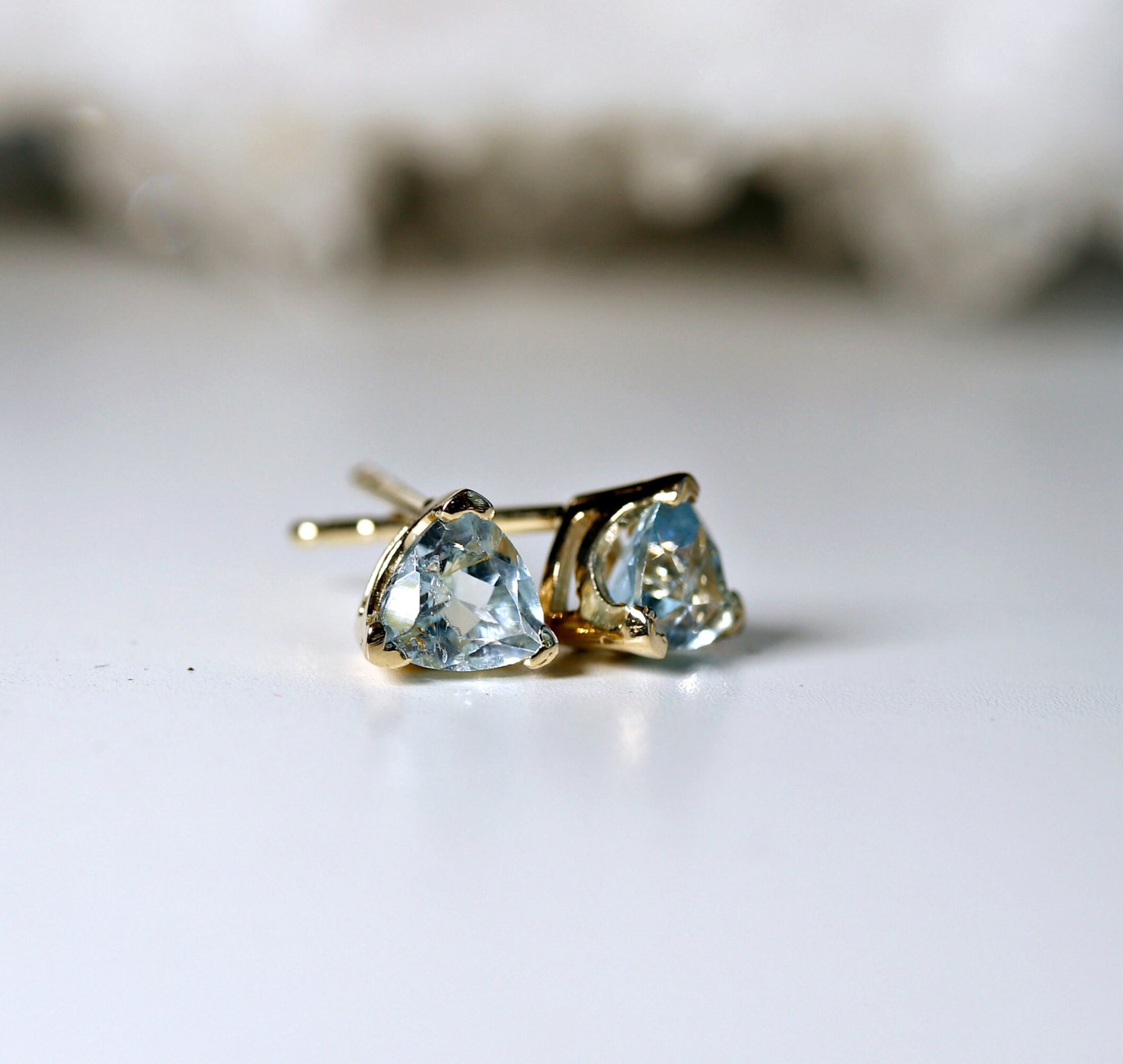 Trillion Blue Topaz Earrings 14k Gold, Gift For Her, Blue Topaz Stud Earrings