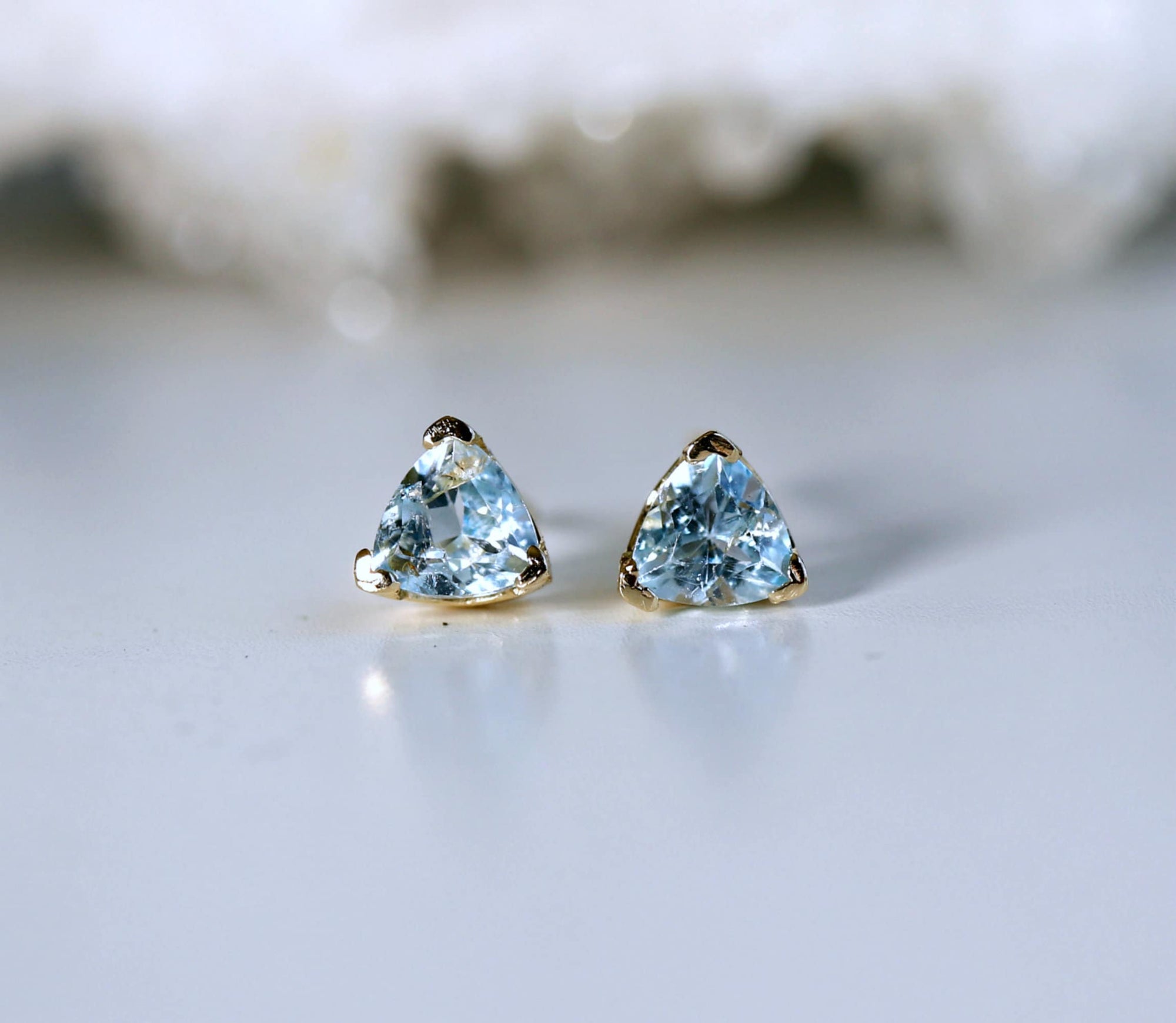 Trillion Blue Topaz Earrings 14k Gold, Gift For Her, Blue Topaz Stud Earrings