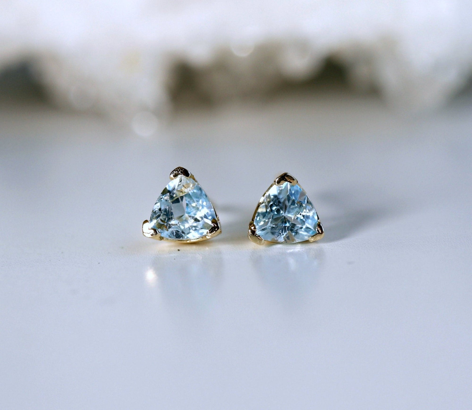 Trillion Blue Topaz Earrings 14k Gold, Gift For Her, Blue Topaz Stud Earrings - Melt'm Jewelry