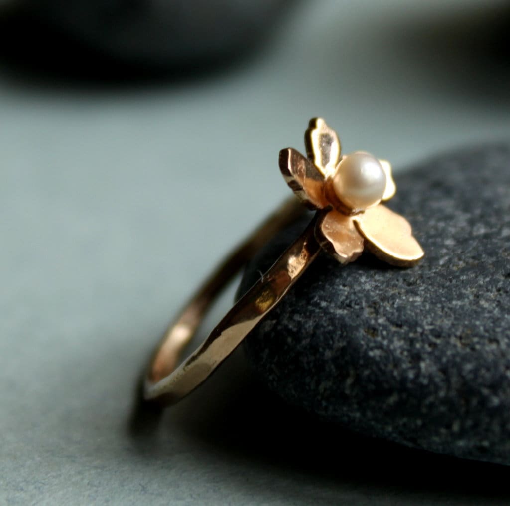Floral Pearl Ring 14k Solid Gold, Unique Handmade Flower Engagement Ring - Melt'm Jewelry