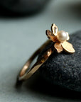 Floral Pearl Ring 14k Solid Gold, Unique Handmade Flower Engagement Ring - Melt'm Jewelry