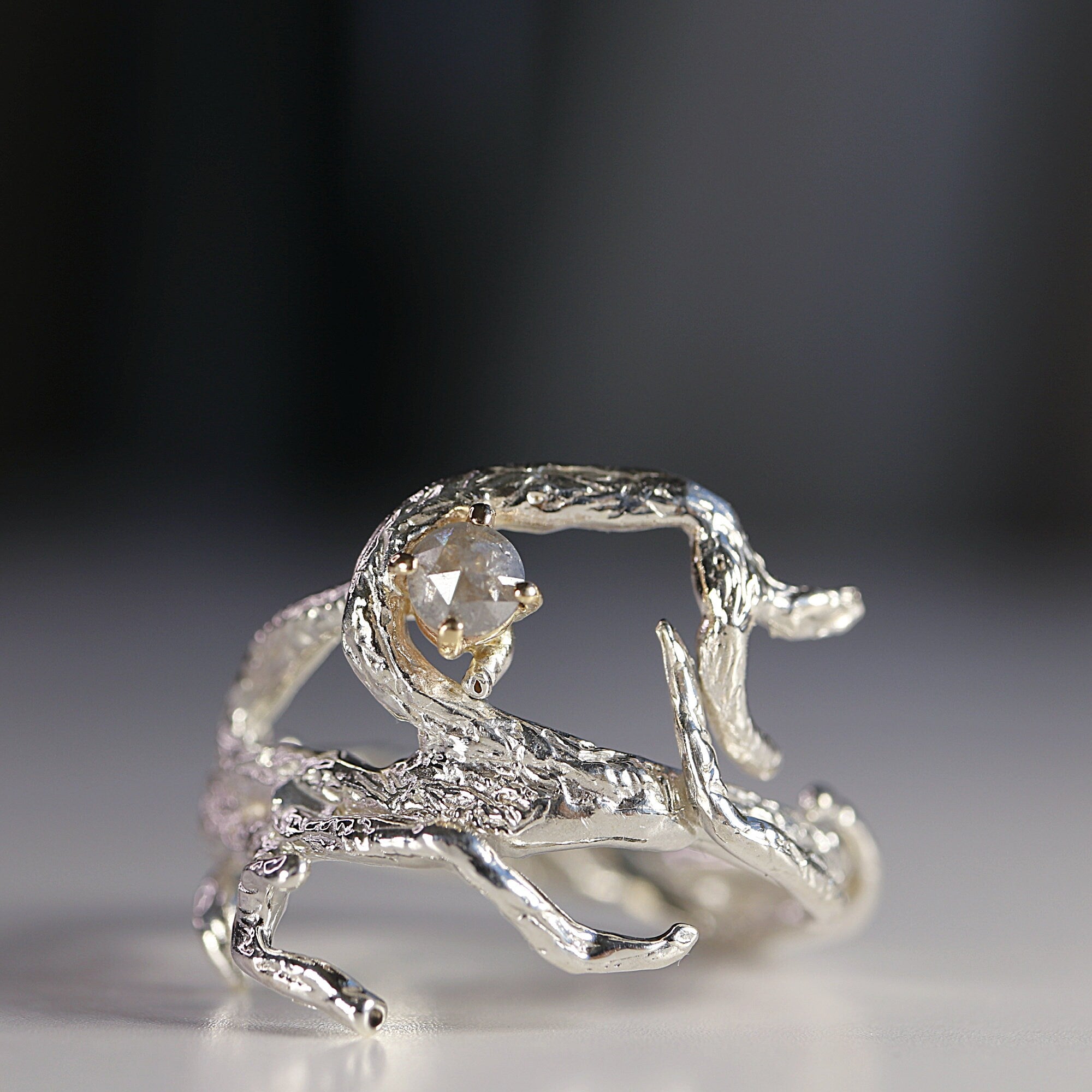 Salt and Pepper Diamond Twig Ring