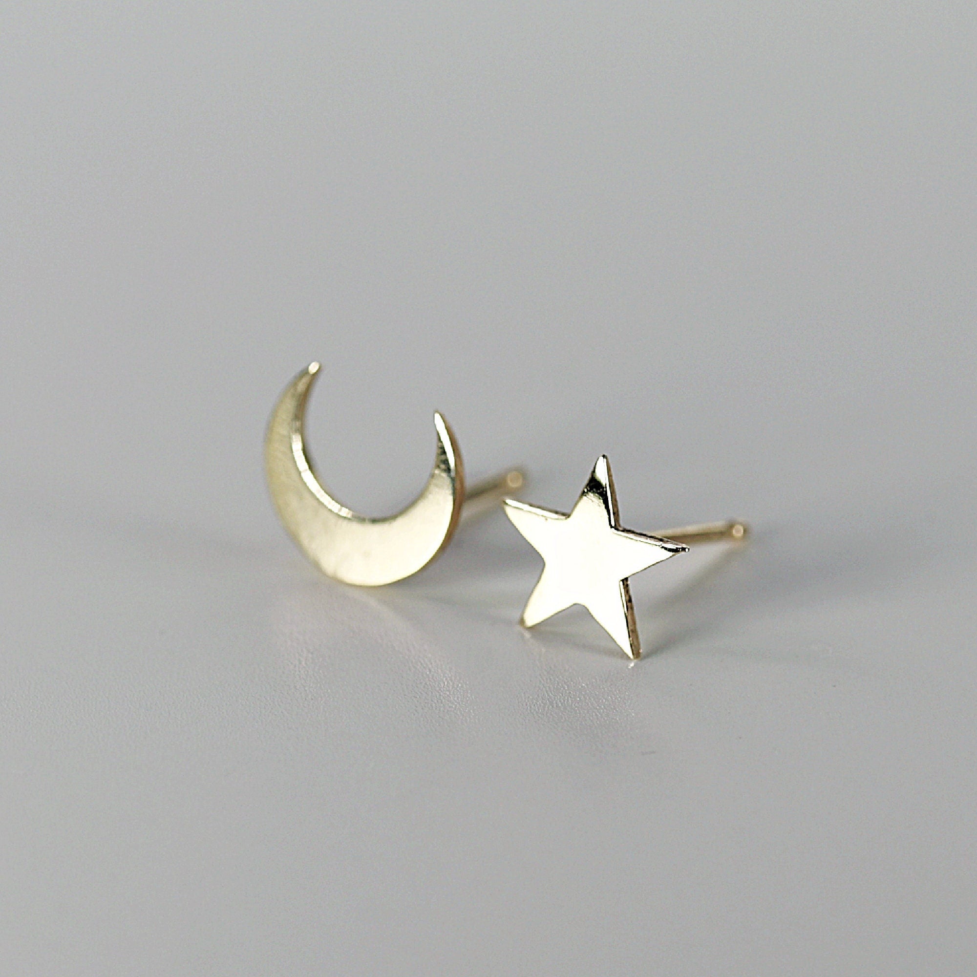 Moon and Star Earrings 14k Solid Gold