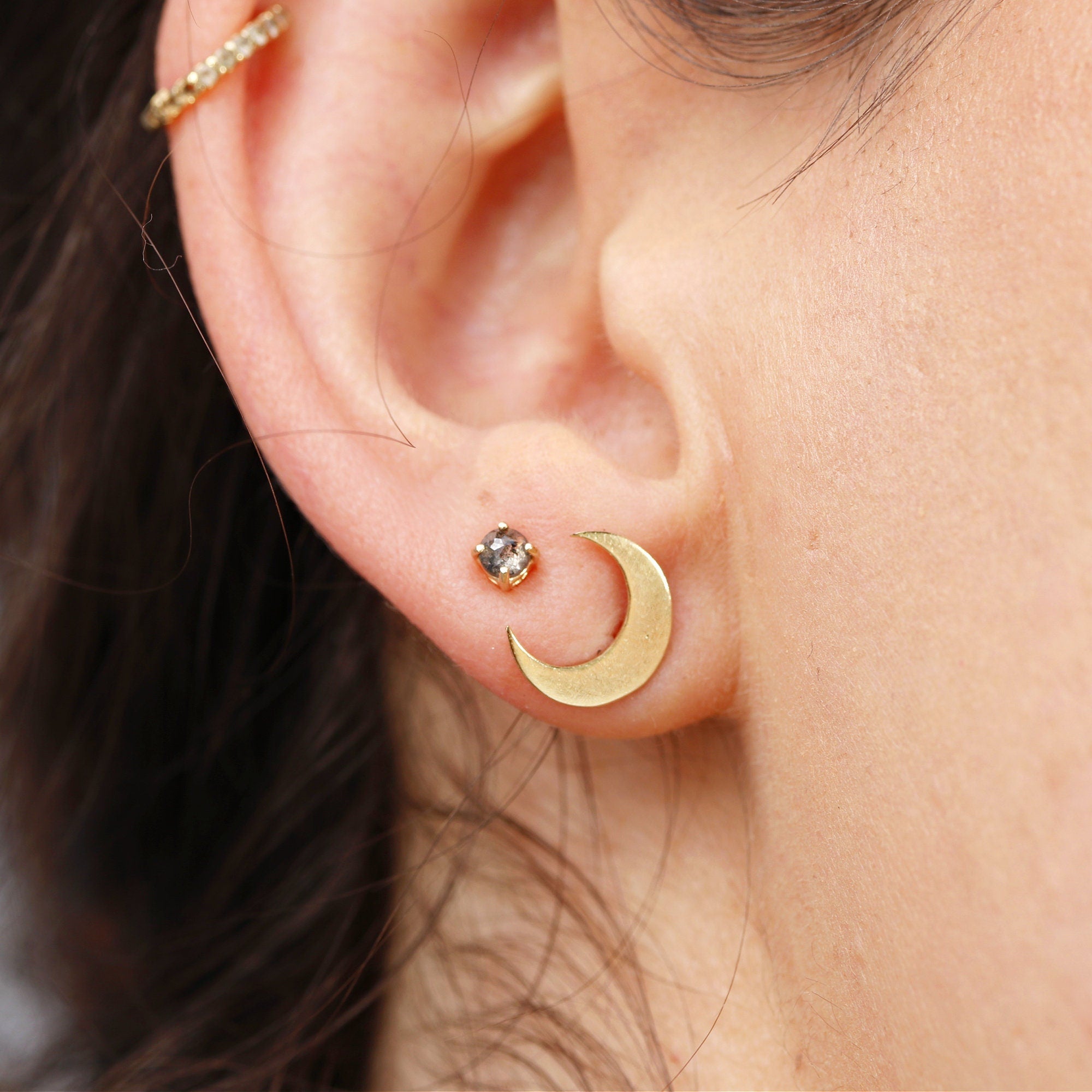 Moon and Star Earrings 14k Solid Gold