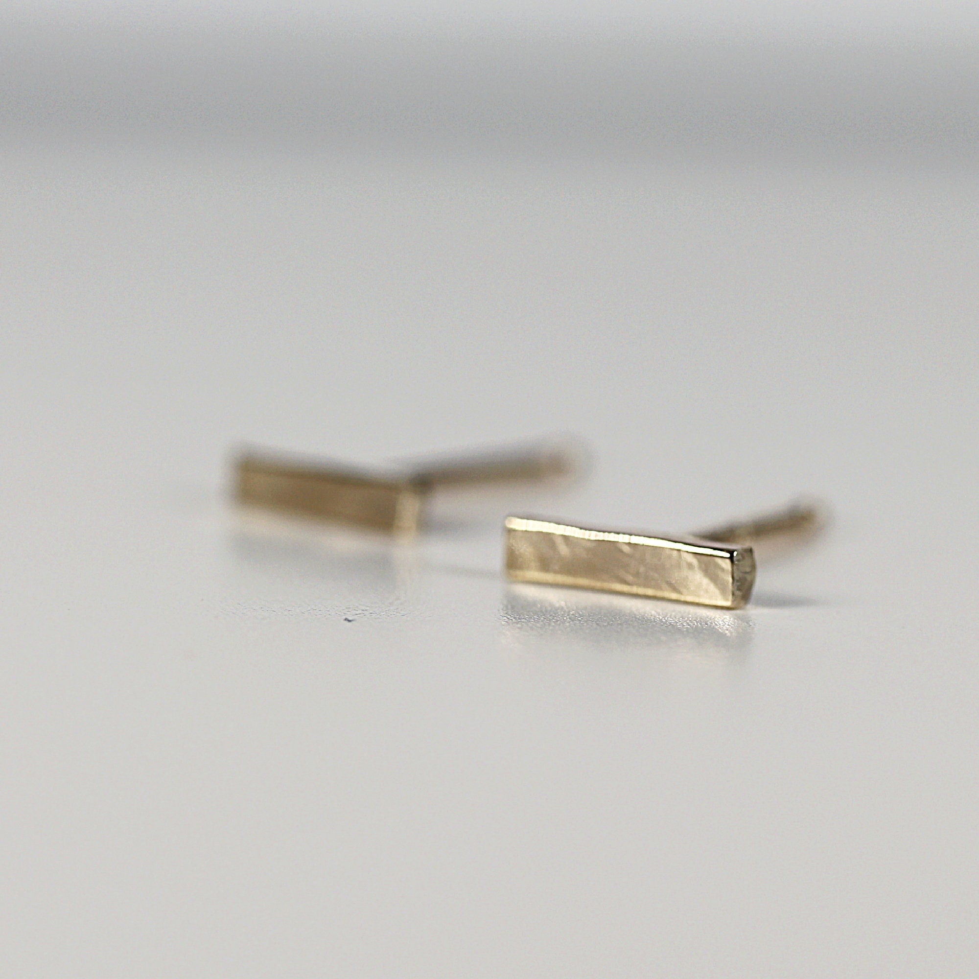 14k Solid Gold Hammered Bar Stud Earrings