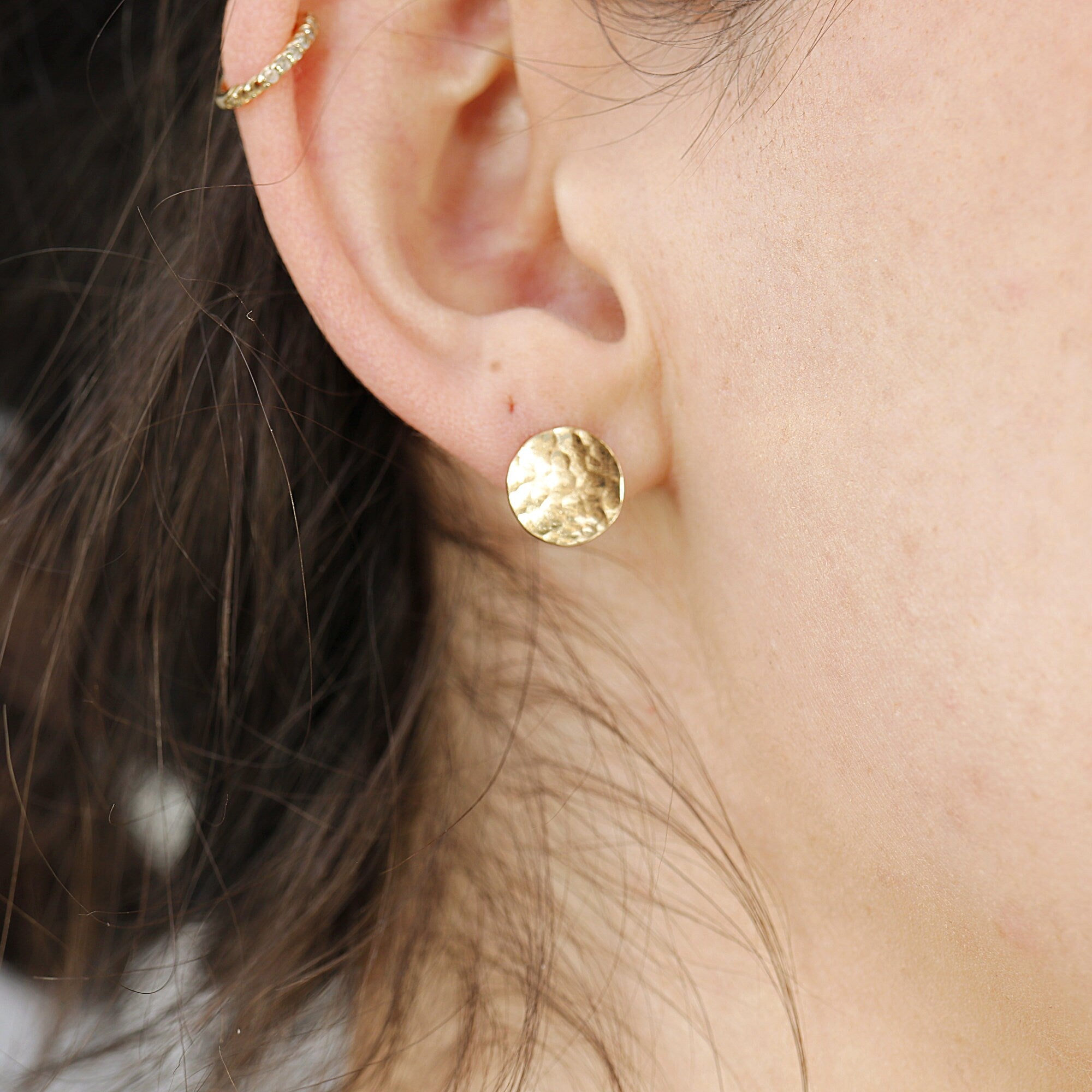 Gold Circle Earrings 9.5mm Medium size Hammered Gold Disc Stud Earrings