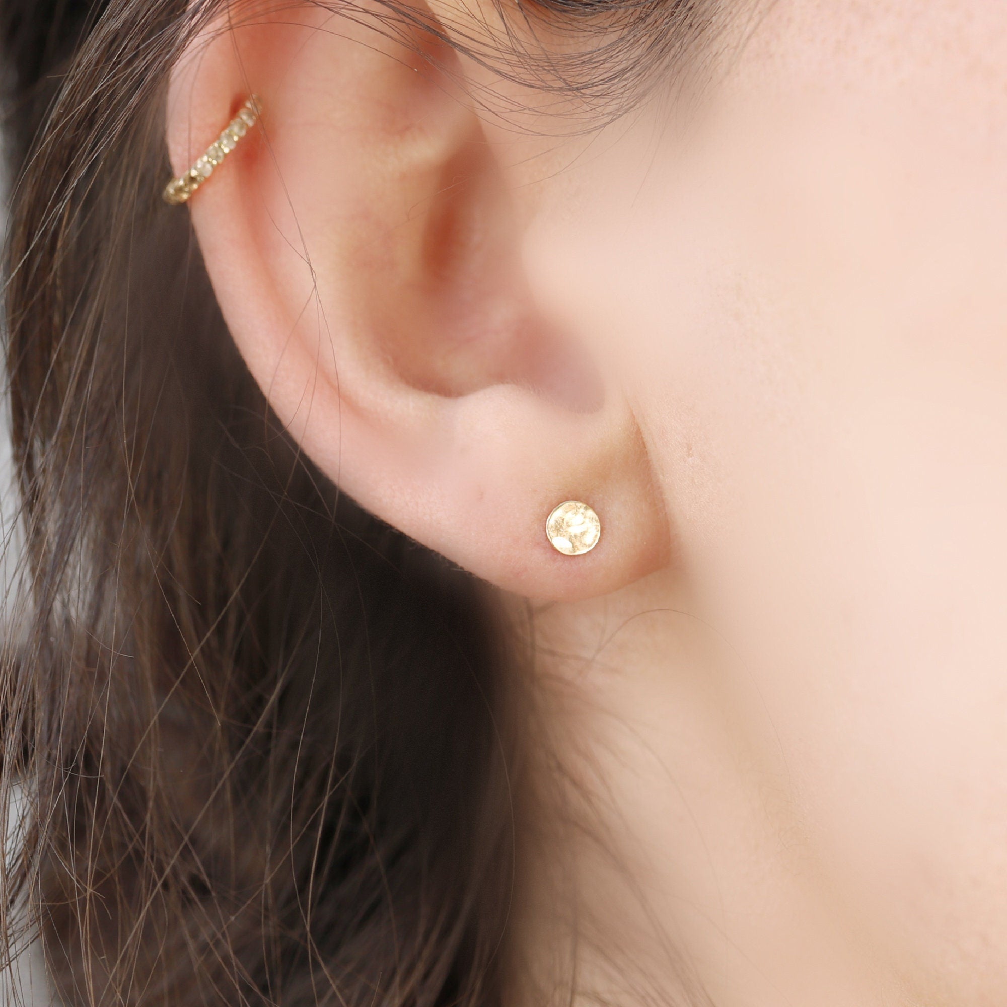 14k Solid Gold Stud Earrings - 4mm Hammered Disc Studs