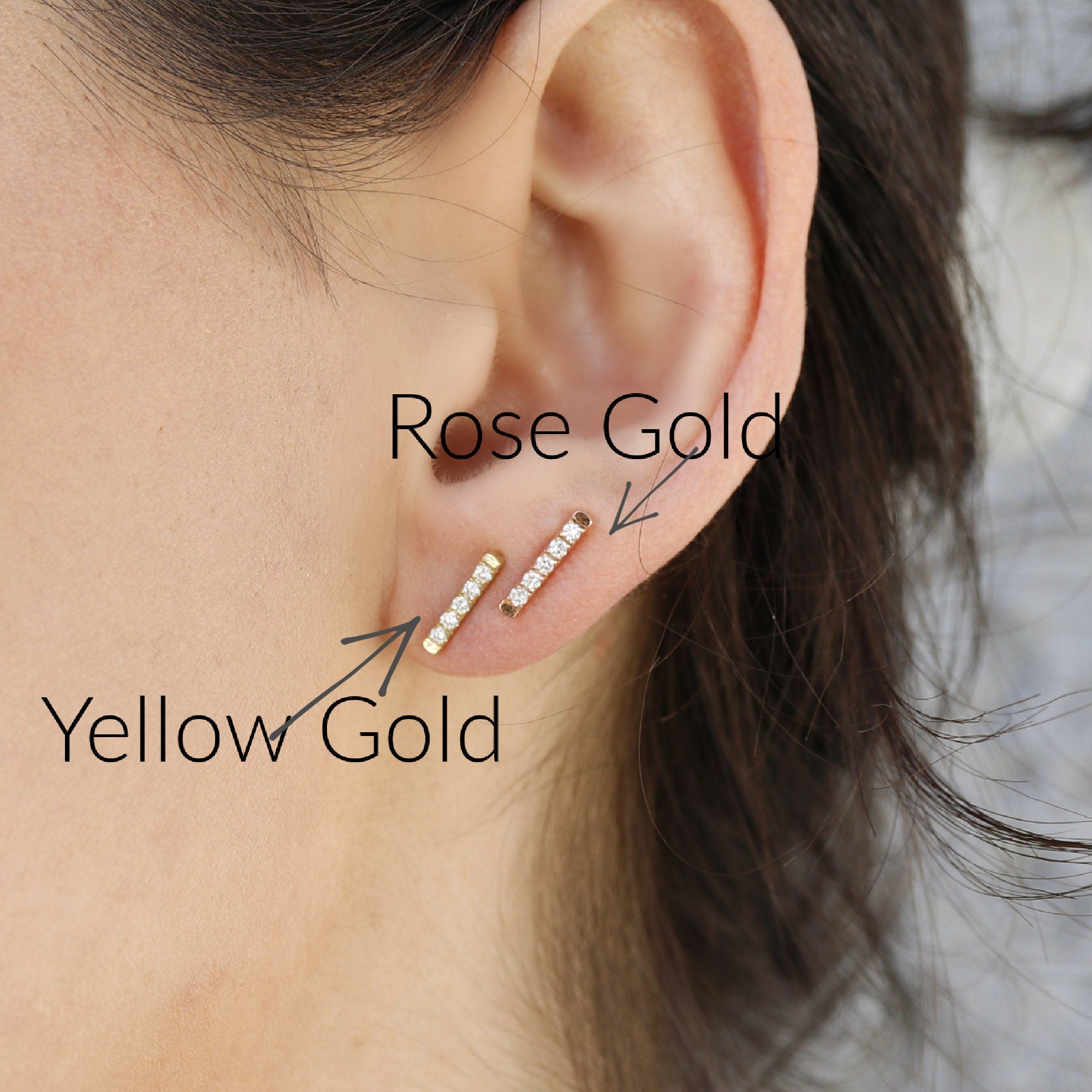14K Gold Diamond Bar Earrings (SINGLE or PAIR) - Melt'm Jewelry
