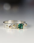 Mixed Metal Emerald Ring Textured Band Sterling Silver and Gold Granule Accents