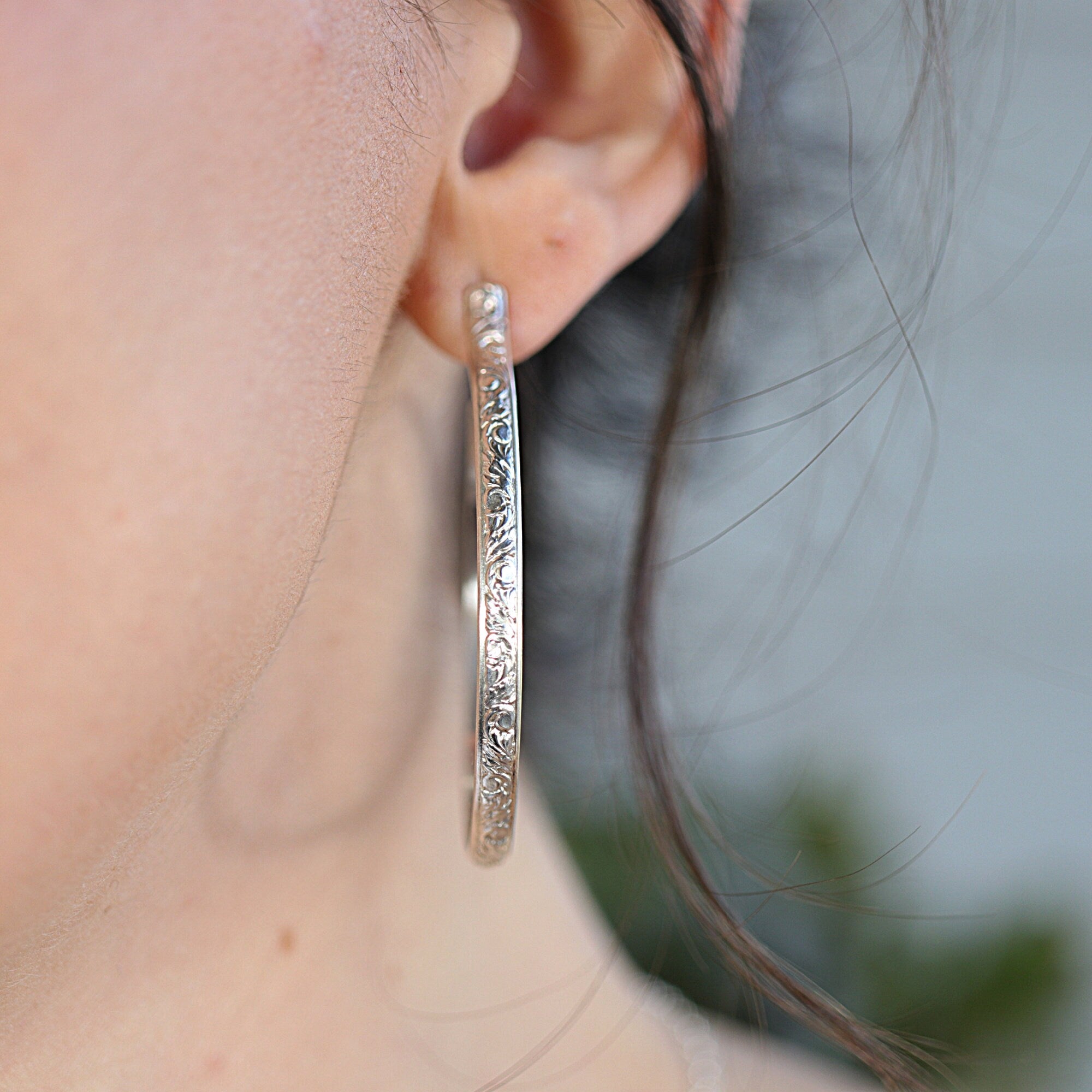 2 Inch Patterned Large Silver Hoop Earrings