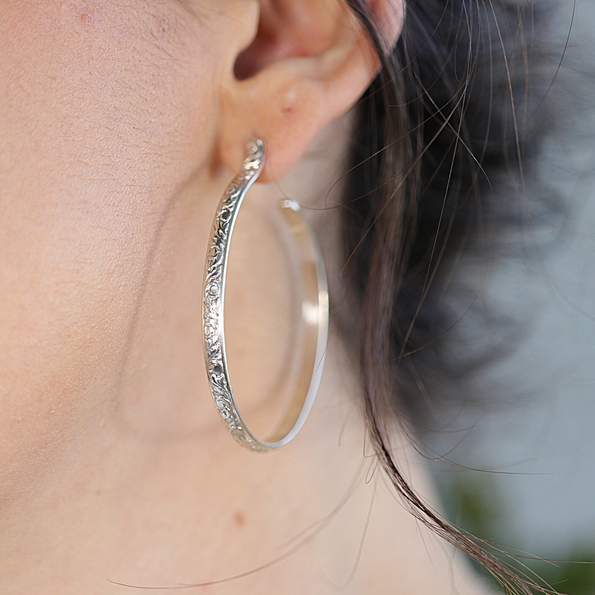 2 Inch Patterned Large Silver Hoop Earrings