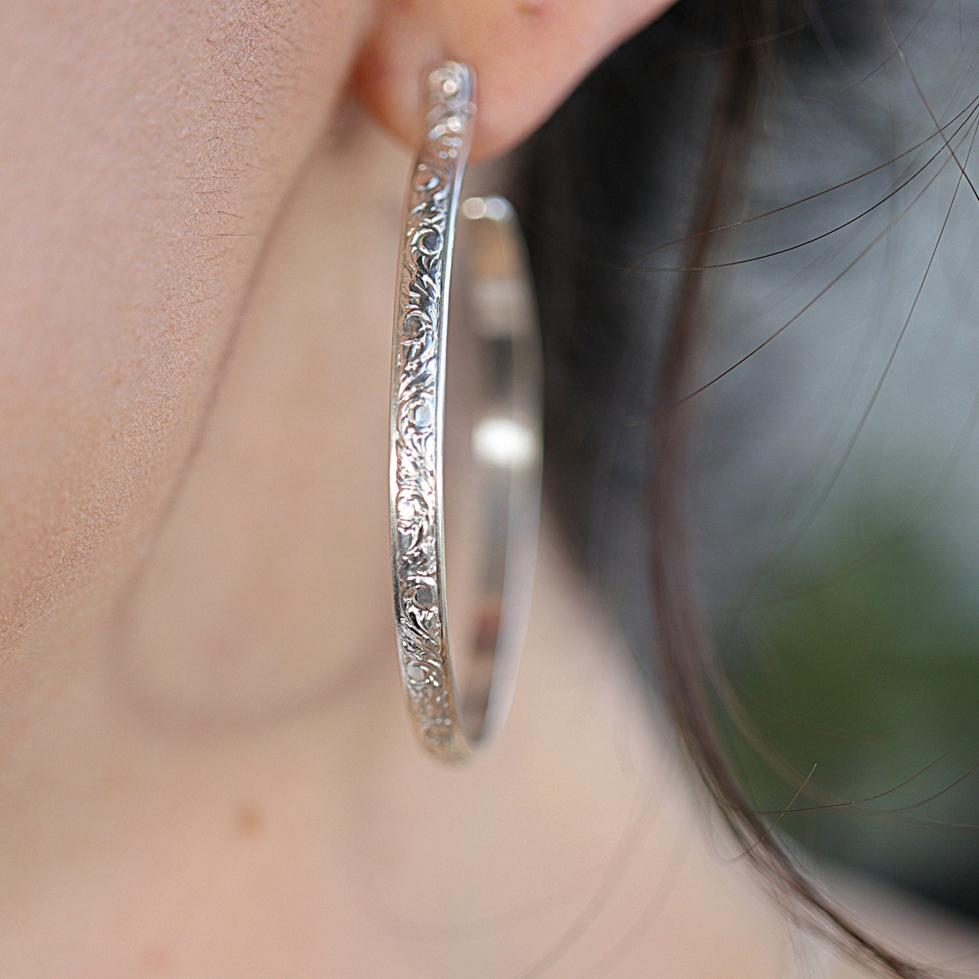 2 Inch Patterned Large Silver Hoop Earrings - Melt'm Jewelry