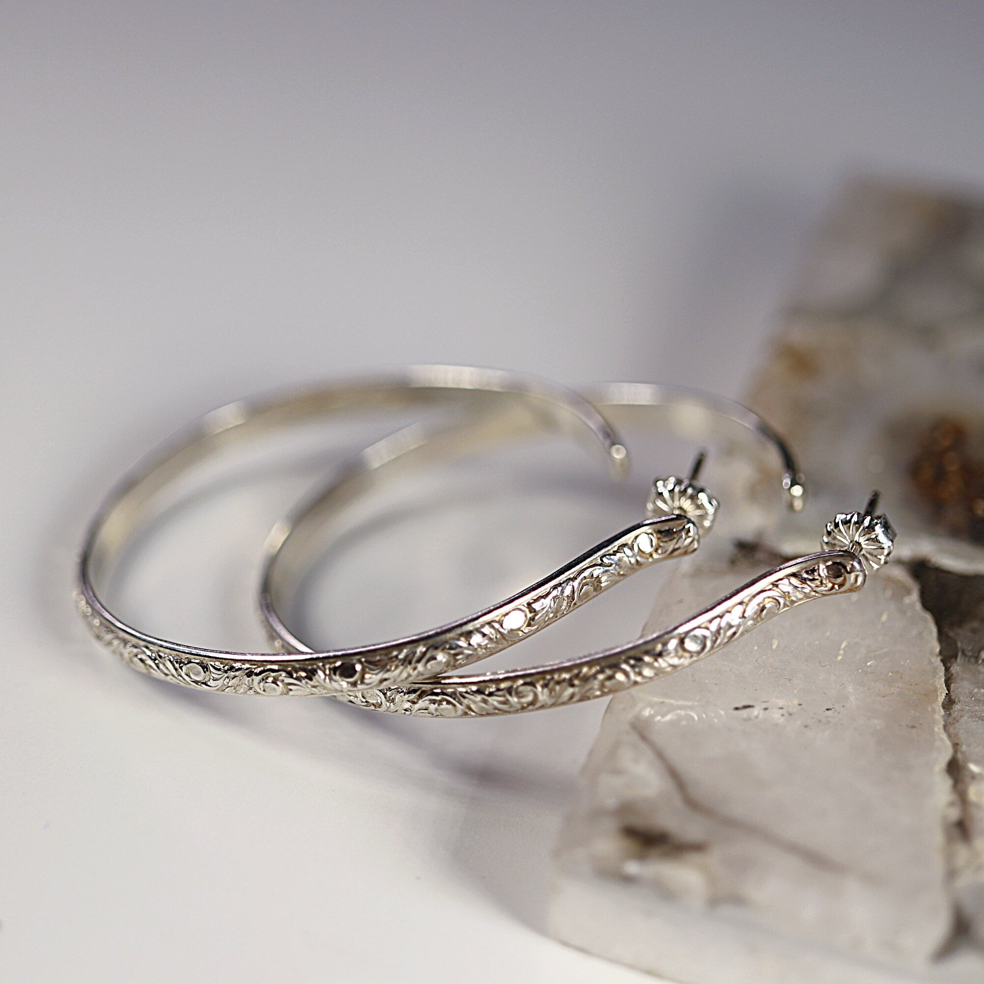 2 Inch Patterned Large Silver Hoop Earrings