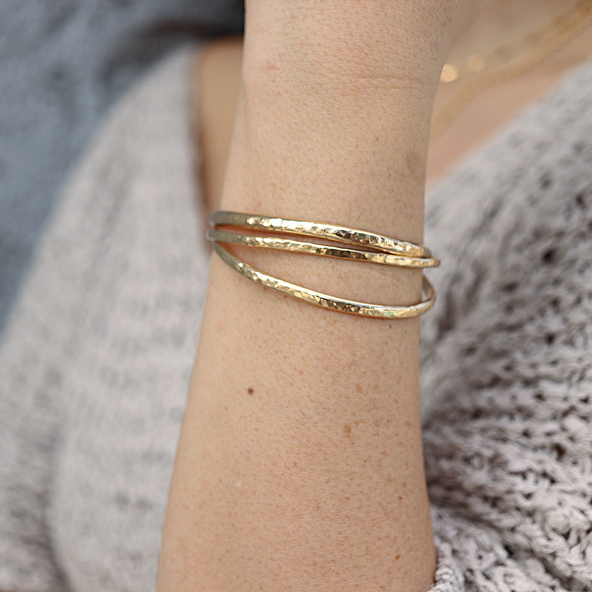 Gold Open Cuff Bracelet - Thick Hammered Gold Filled Bangles