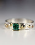 Mixed Metal Emerald Ring Textured Band Sterling Silver and Gold Granule Accents