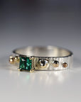 Mixed Metal Emerald Ring Textured Band Sterling Silver and Gold Granule Accents