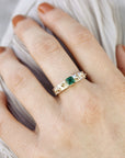 Mixed Metal Emerald Ring Textured Band Sterling Silver and Gold Granule Accents