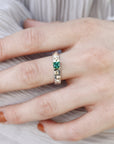 Mixed Metal Emerald Ring Textured Band Sterling Silver and Gold Granule Accents