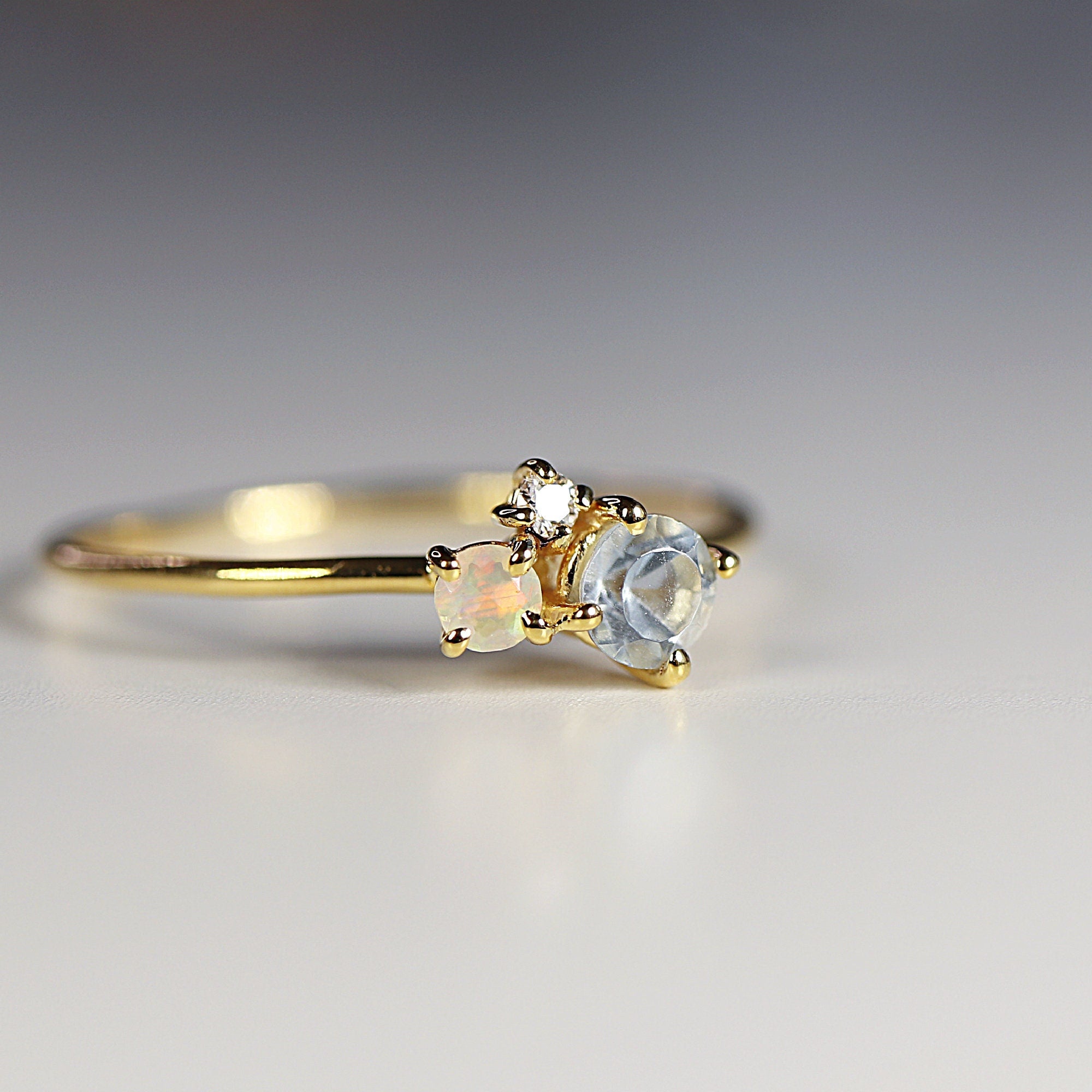 Dainty Aquamarine Opal and Diamond Cluster Ring - Melt'm Jewelry