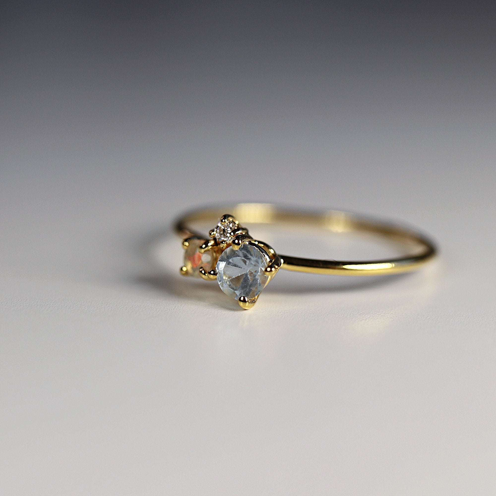 Dainty Aquamarine Opal and Diamond Cluster Ring - Melt'm Jewelry