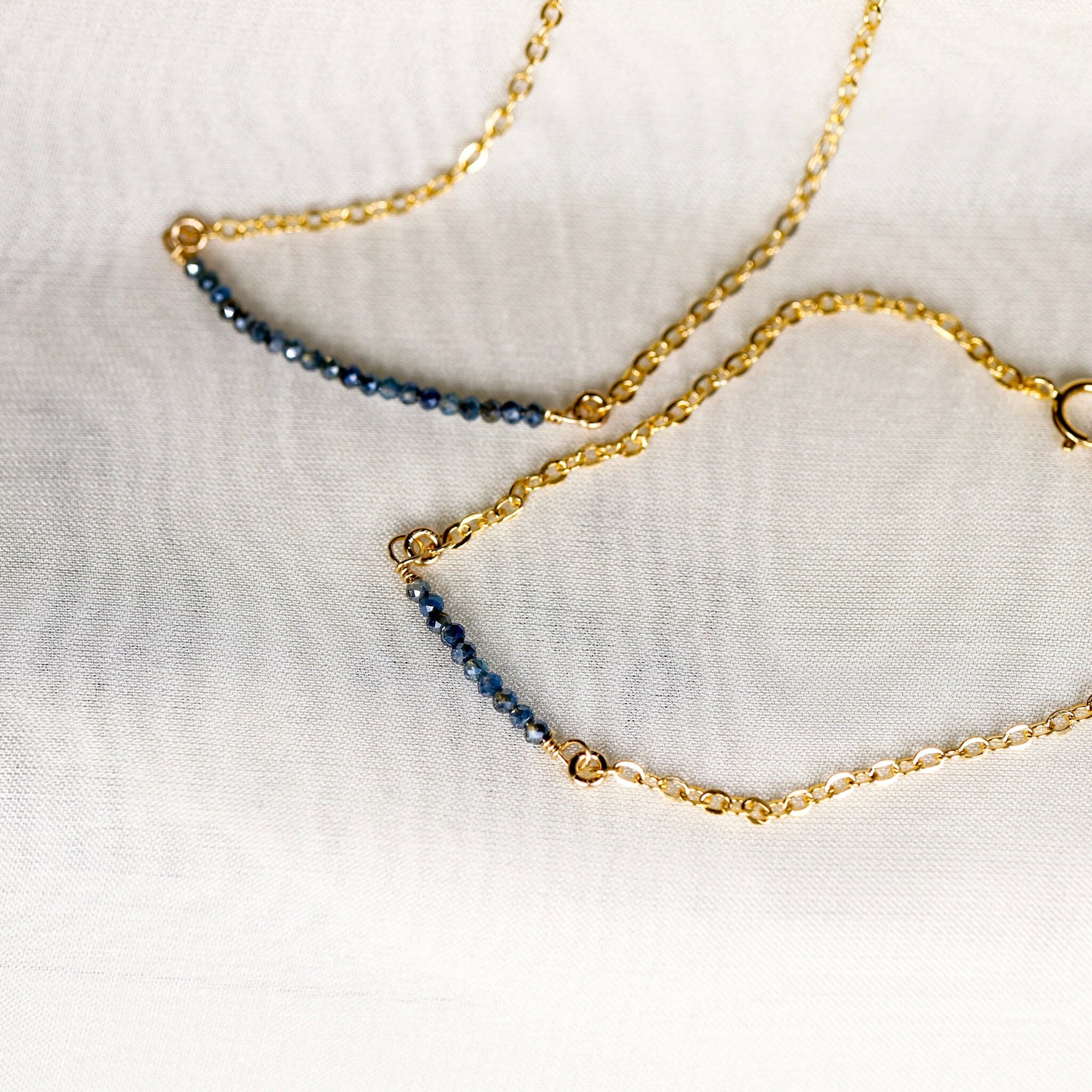 Mystic Sapphire Bar Necklace Gold Filled