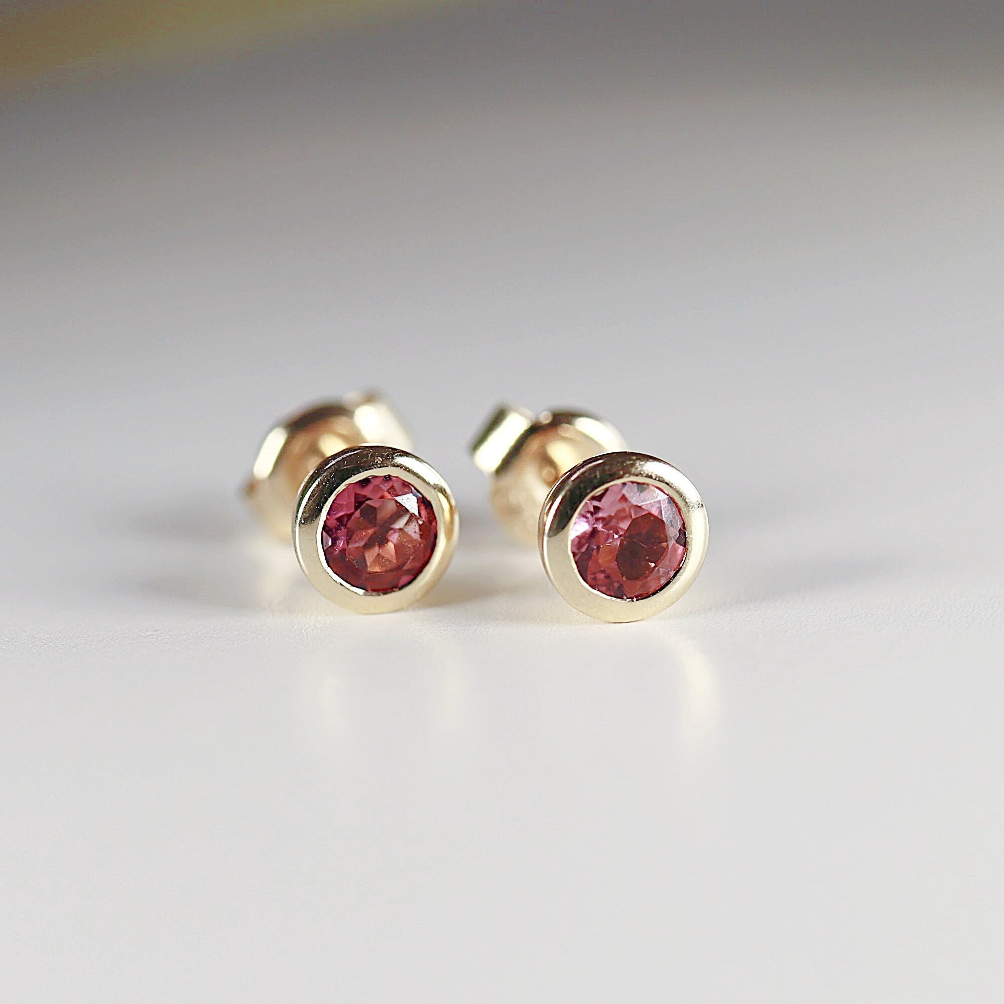 14k Solid Gold Stud Earrings, Pink Tourmaline Bezel Setting Earrings