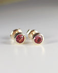 14k Solid Gold Stud Earrings, Pink Tourmaline Bezel Setting Earrings