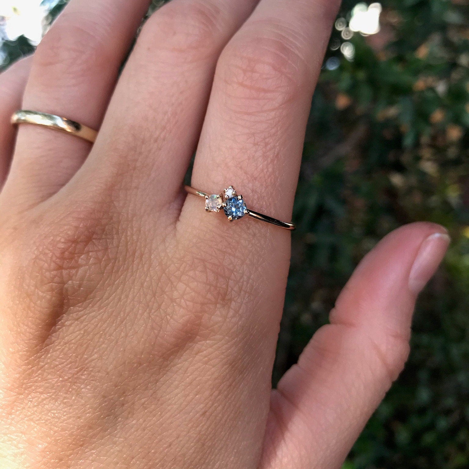 Dainty Aquamarine Opal and Diamond Cluster Ring - Melt'm Jewelry