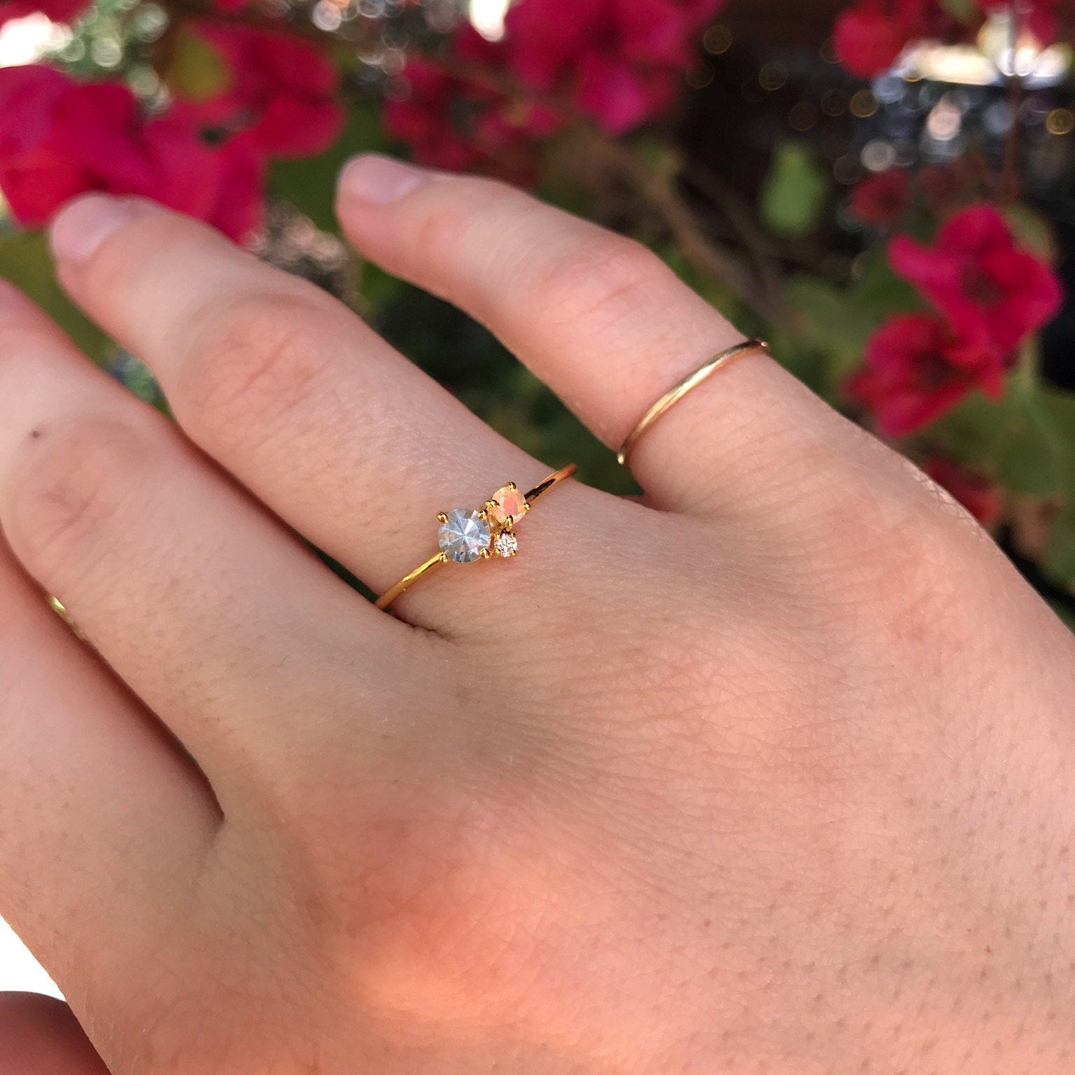 Dainty Aquamarine, Opal, Diamond Cluster Ring