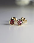 14k Solid Gold Stud Earrings, Pink Tourmaline Bezel Setting Earrings