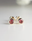 14k Solid Gold Stud Earrings, Pink Tourmaline Bezel Setting Earrings