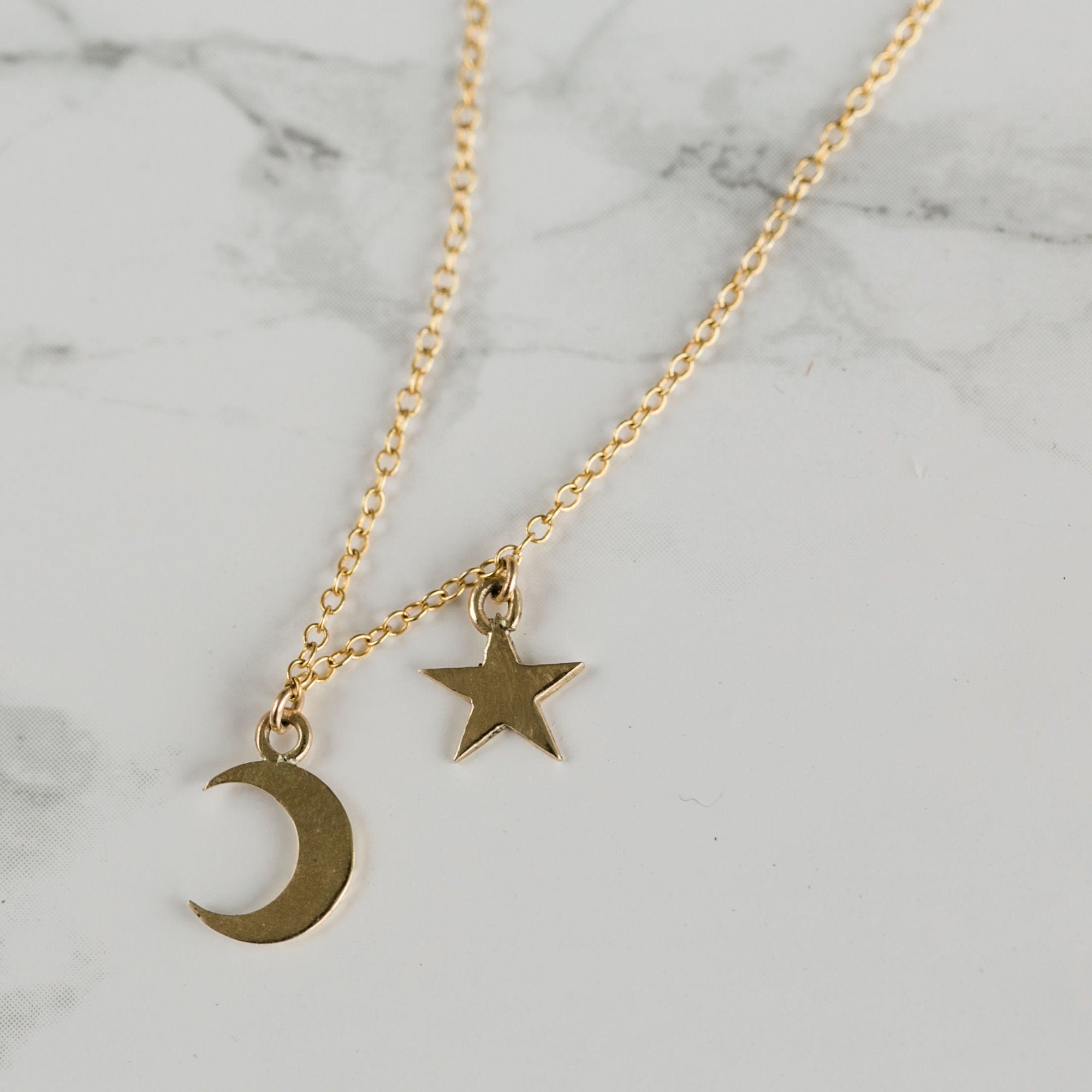 Moon and Star Necklace 14k Solid Gold