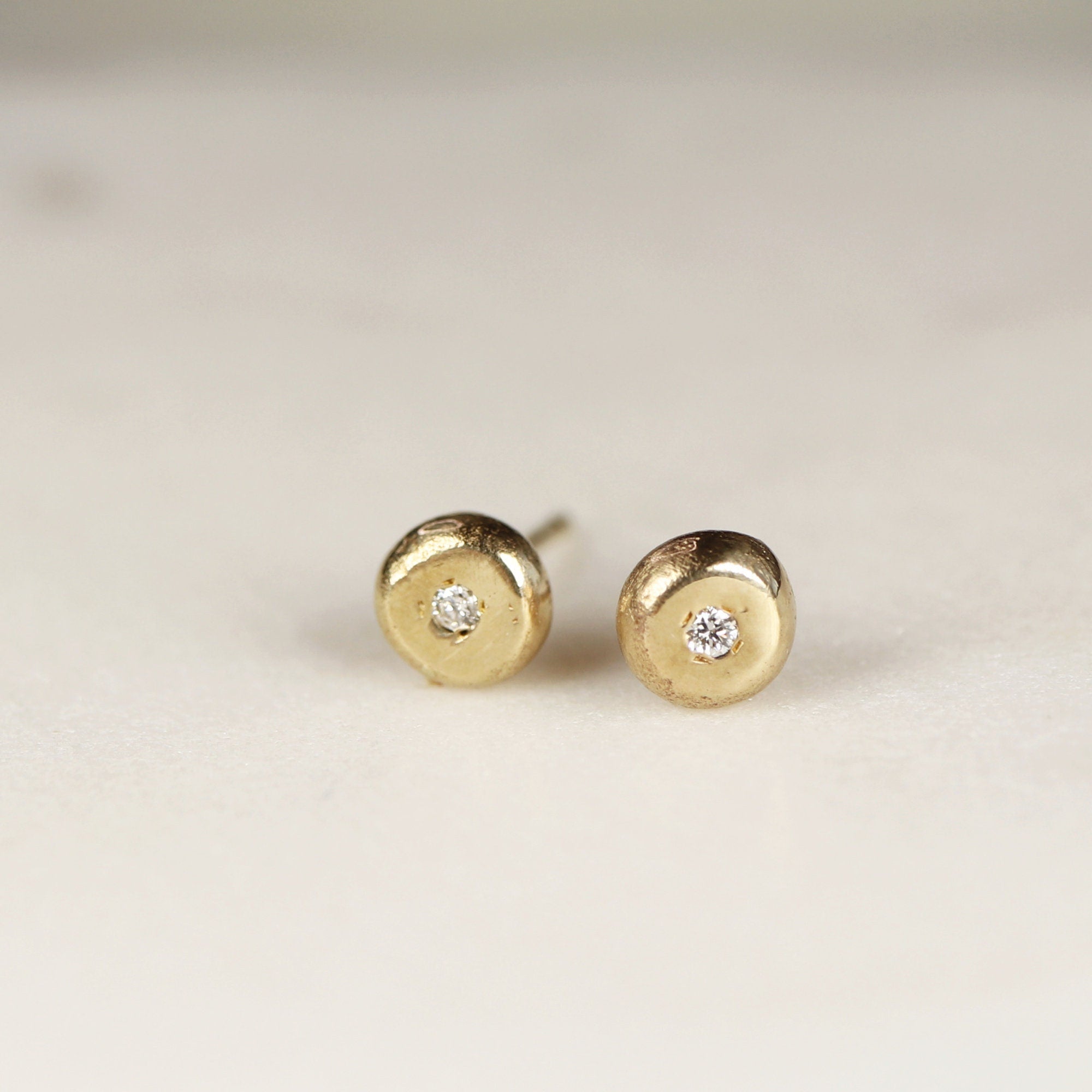 Rustic Diamond Pebble Stud Earrings 14k Solid Gold