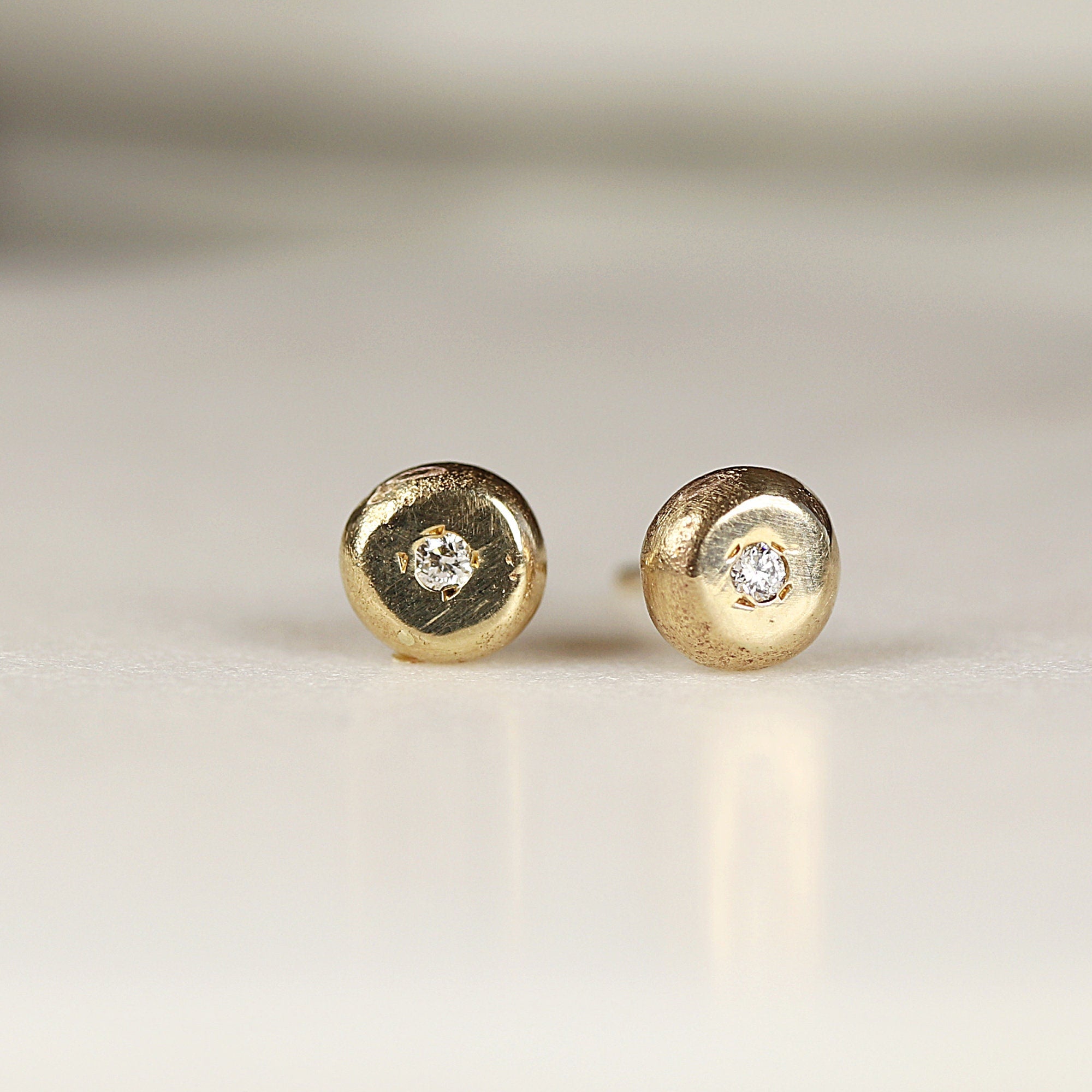 Rustic Diamond Pebble Stud Earrings 14k Solid Gold