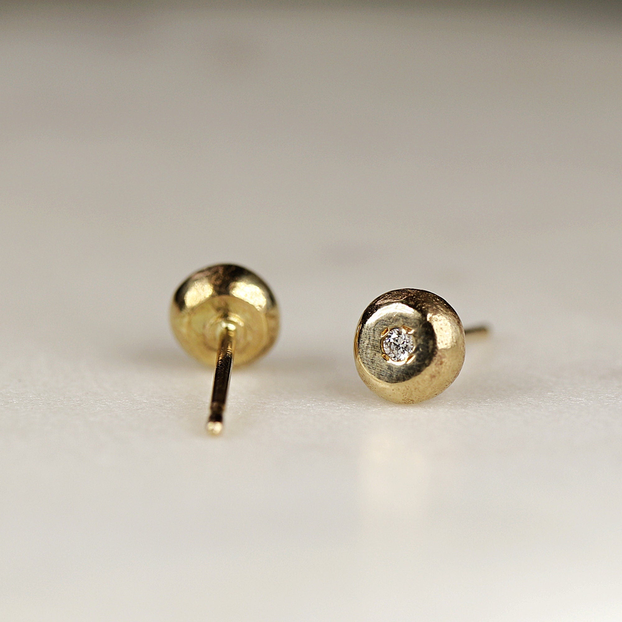 Rustic Diamond Pebble Stud Earrings 14k Solid Gold