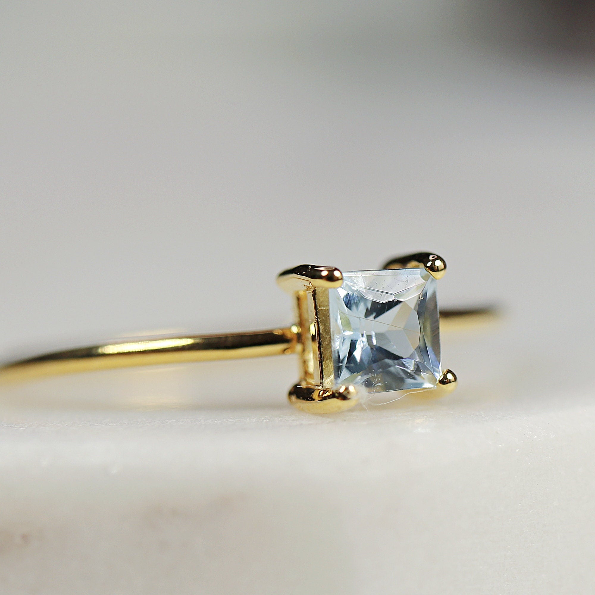 14k Gold Square Princess Aquamarine Ring