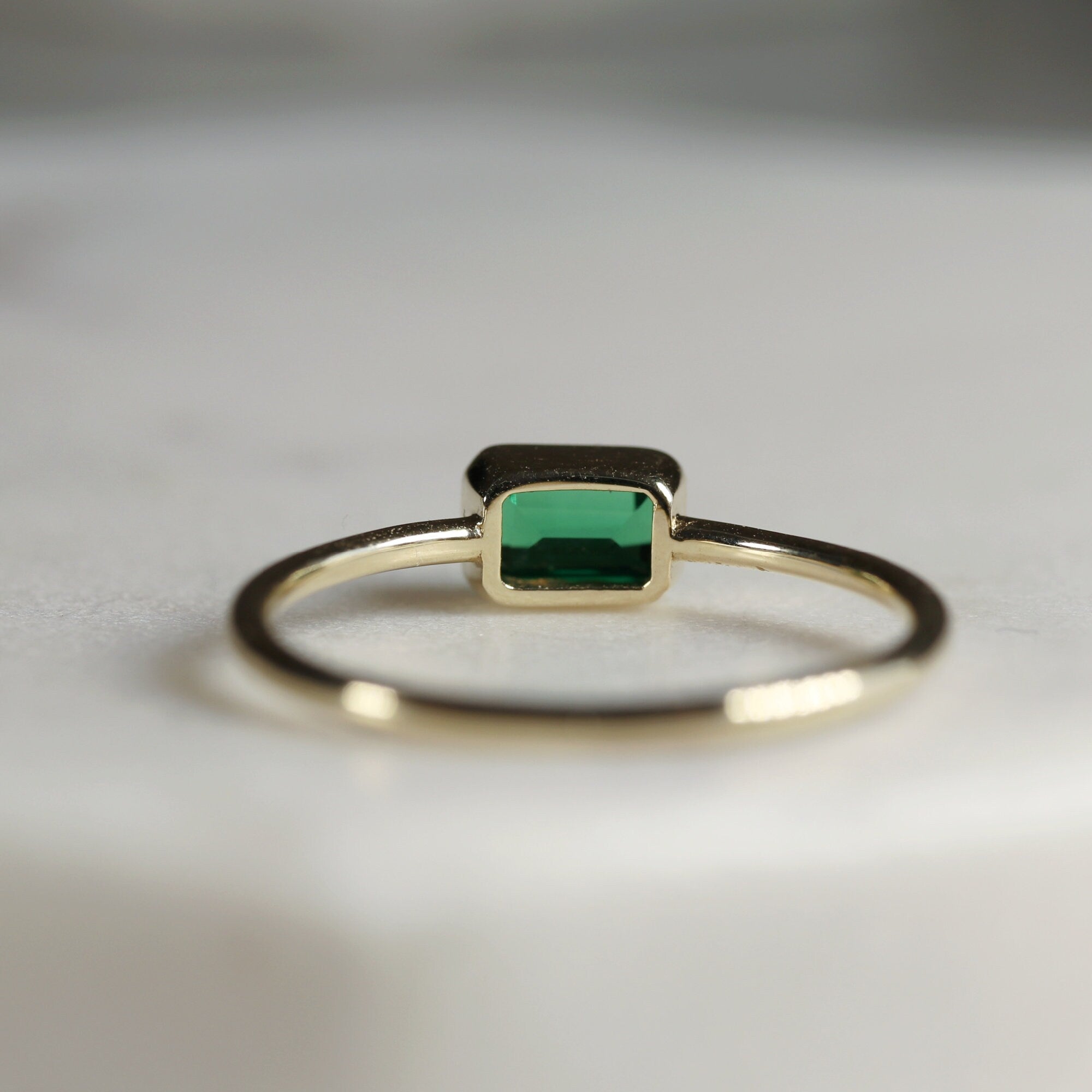 Bezel Set Emerald Ring, Emerald Cut Emerald Ring, East West Ring