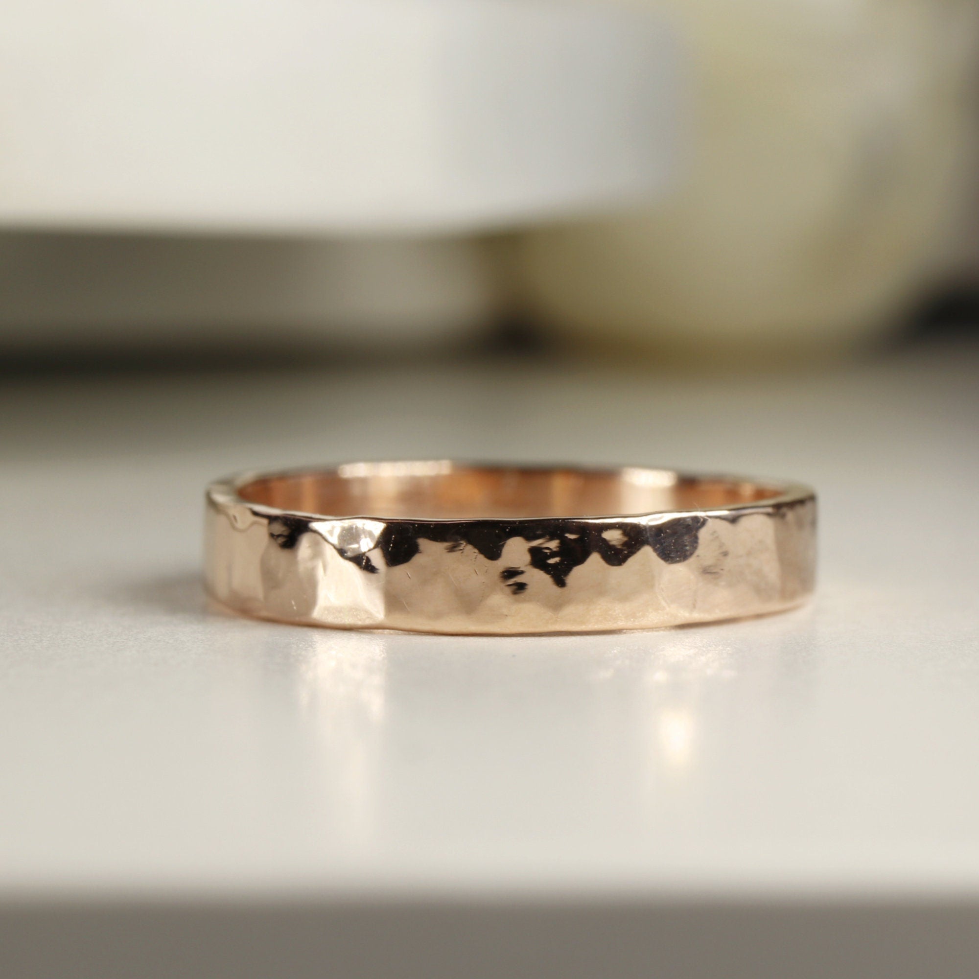 14k Rose Gold Hammered Wedding Band 3mm - Melt'm Jewelry