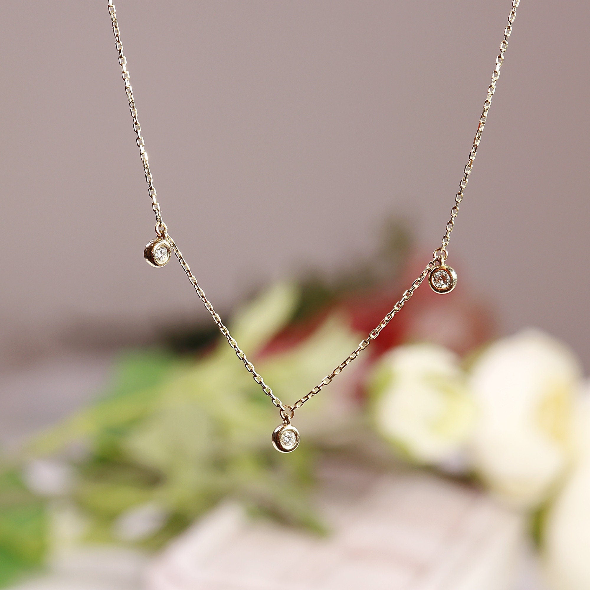 3 Diamond Station Necklace in 14k Gold - Melt'm Jewelry