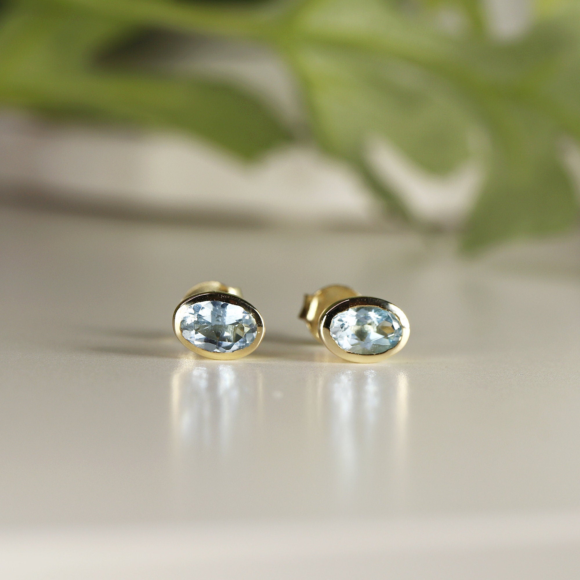 Aquamarine Stud Earrings 14k Solid Gold