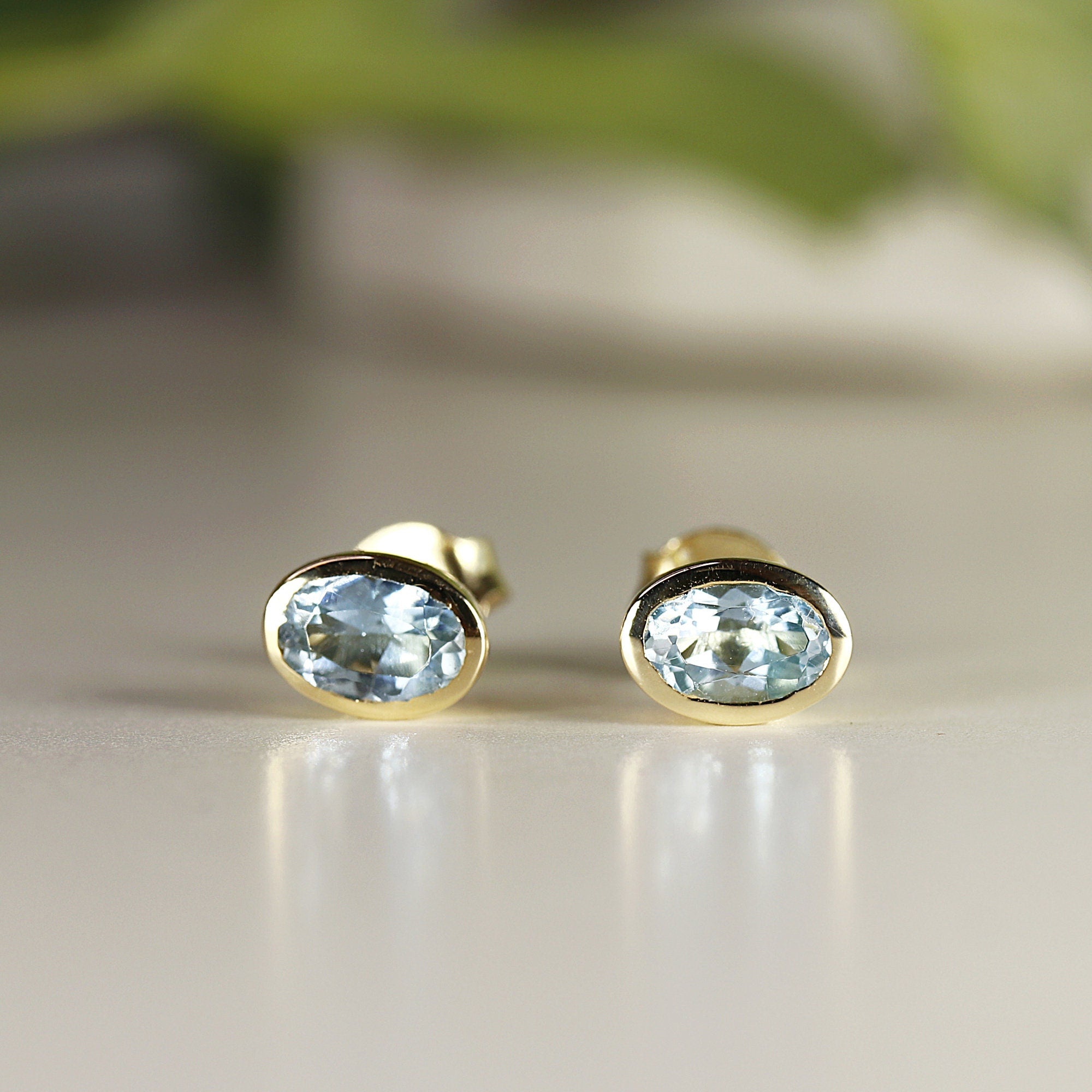 Aquamarine Stud Earrings 14k Solid Gold