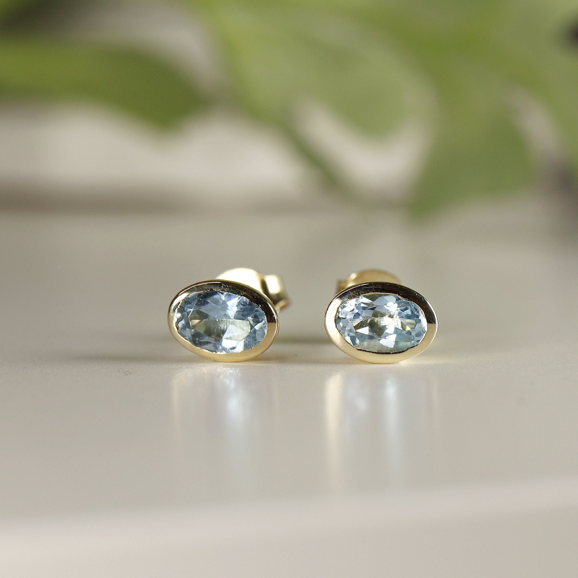 Aquamarine Stud Earrings 14k Solid Gold