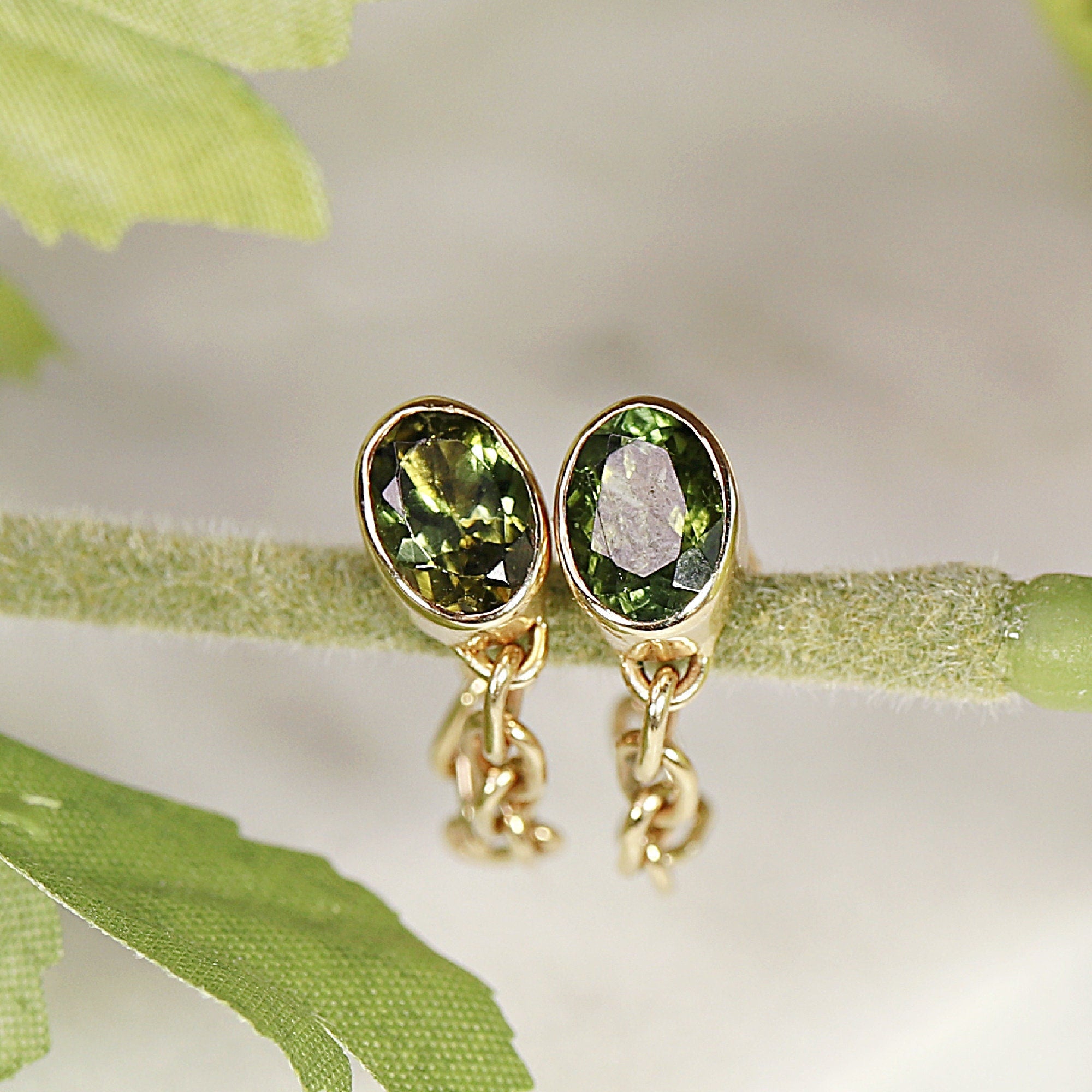 14k Solid Gold Green Tourmaline Chain Earrings - Melt'm Jewelry