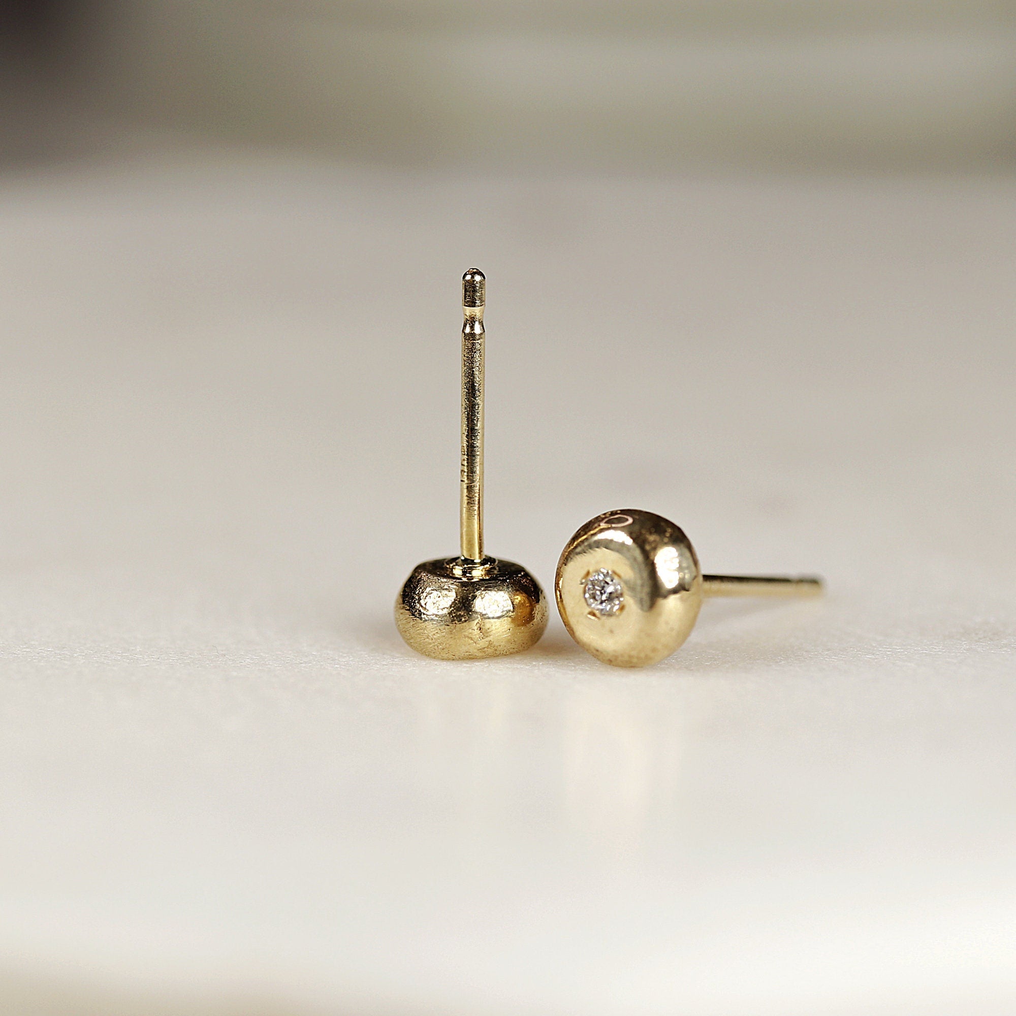 Rustic Diamond Pebble Stud Earrings 14k Solid Gold