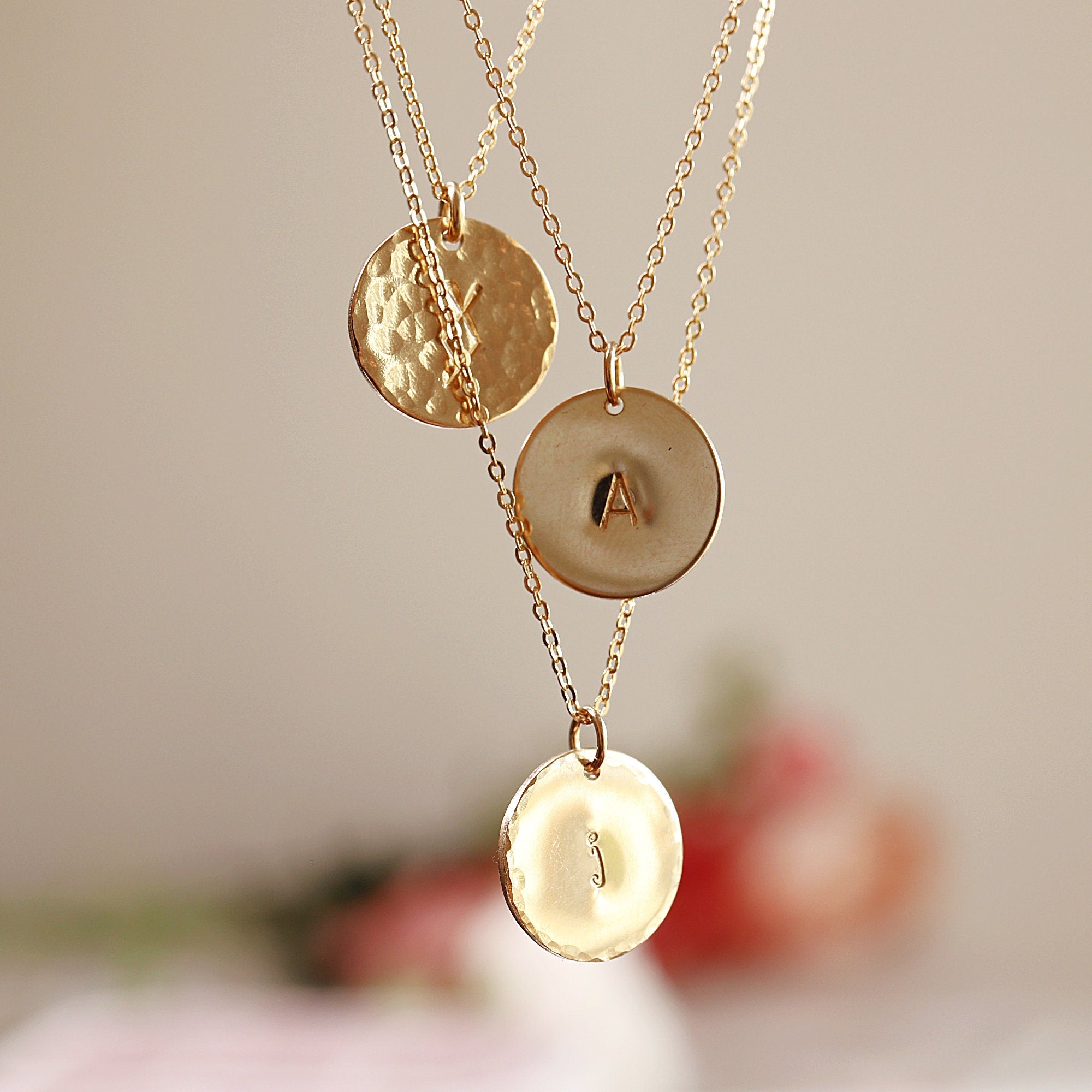 Custom Initial Necklace Gold Filled – Hand Stamped Hammered Coin Necklace, Personalized Mother Gift, Bridesmaid Jewelry - Melt'm Jewelry