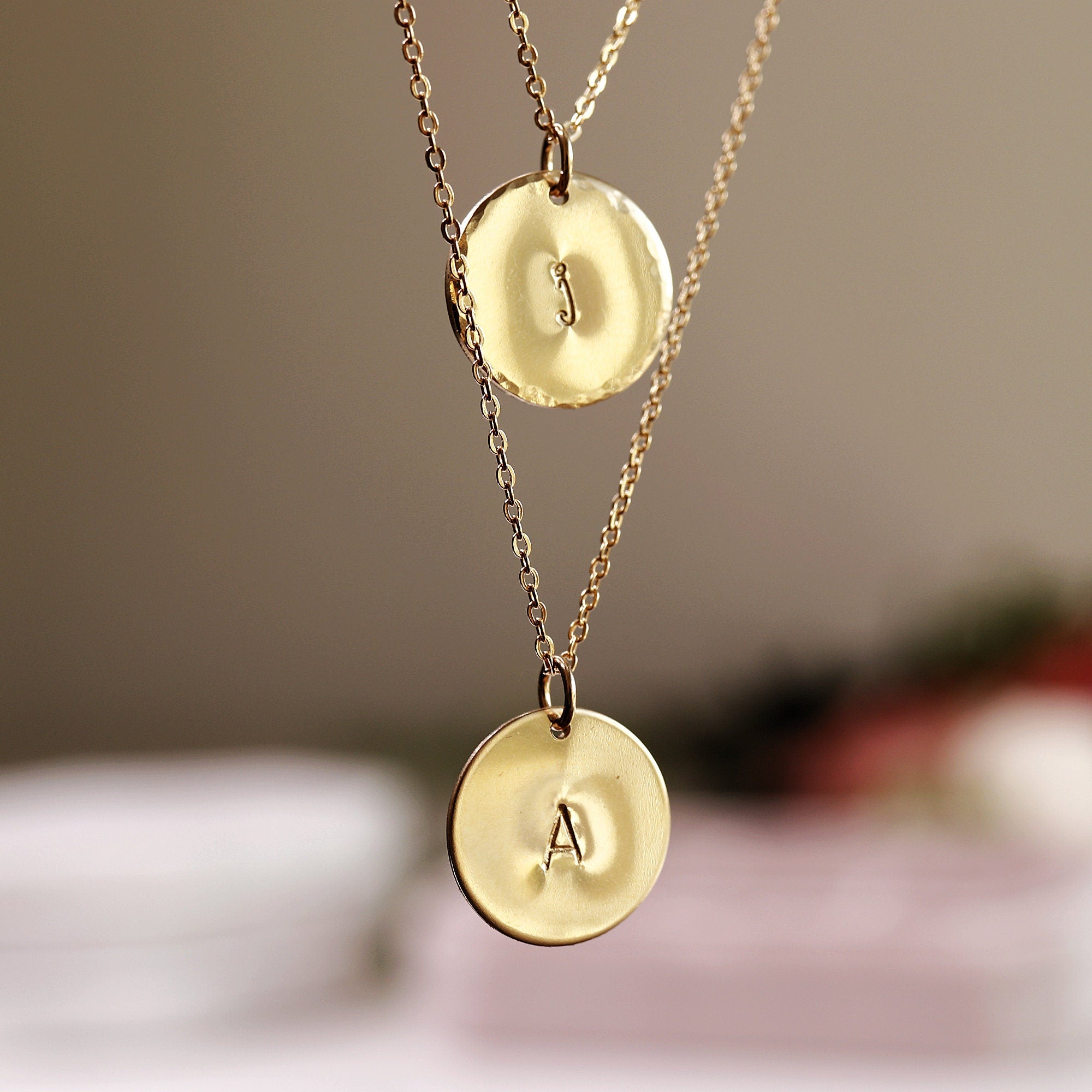 Custom Initial Necklace Gold Filled – Hand Stamped Hammered Coin Necklace, Personalized Mother Gift, Bridesmaid Jewelry - Melt'm Jewelry