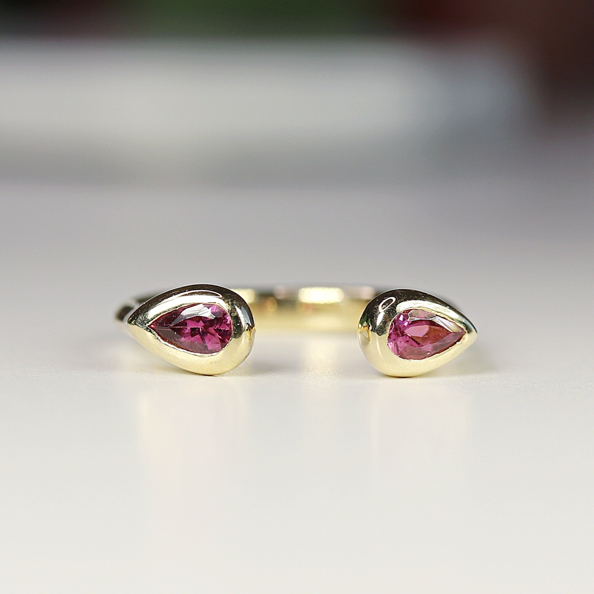 18k Solid Gold Pink Tourmaline Ring, Open Cuff Ring