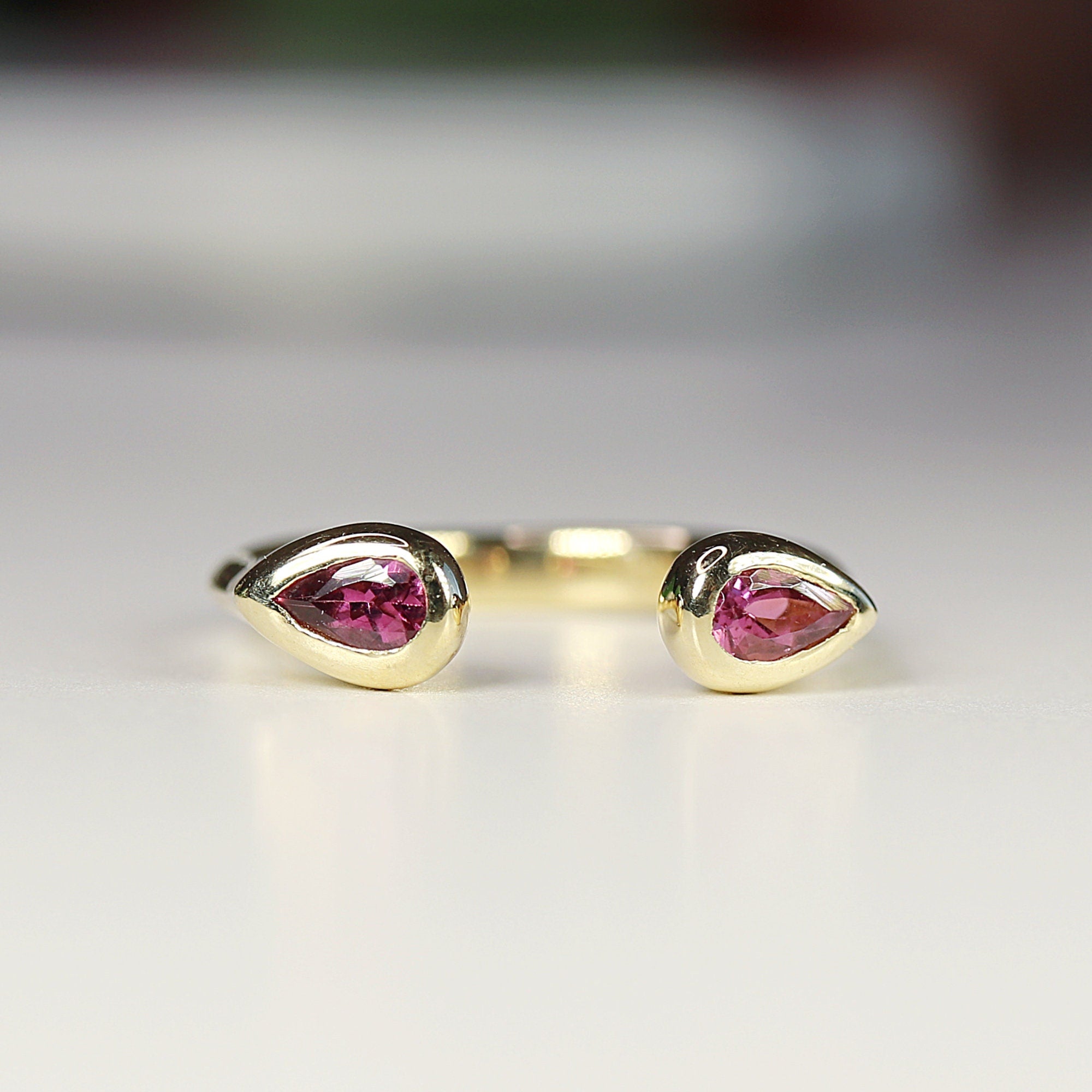 18k Solid Gold Pink Tourmaline Open Cuff Ring - Melt'm Jewelry